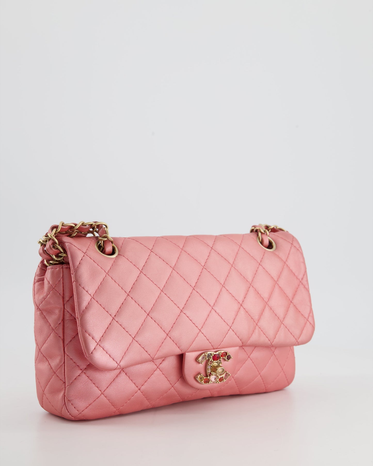 Chanel *LIMITED EDITION* Pink Metallic Single Flap Shoulder Bag in Lambskin Leather with Gold and Precious Stone Hardware