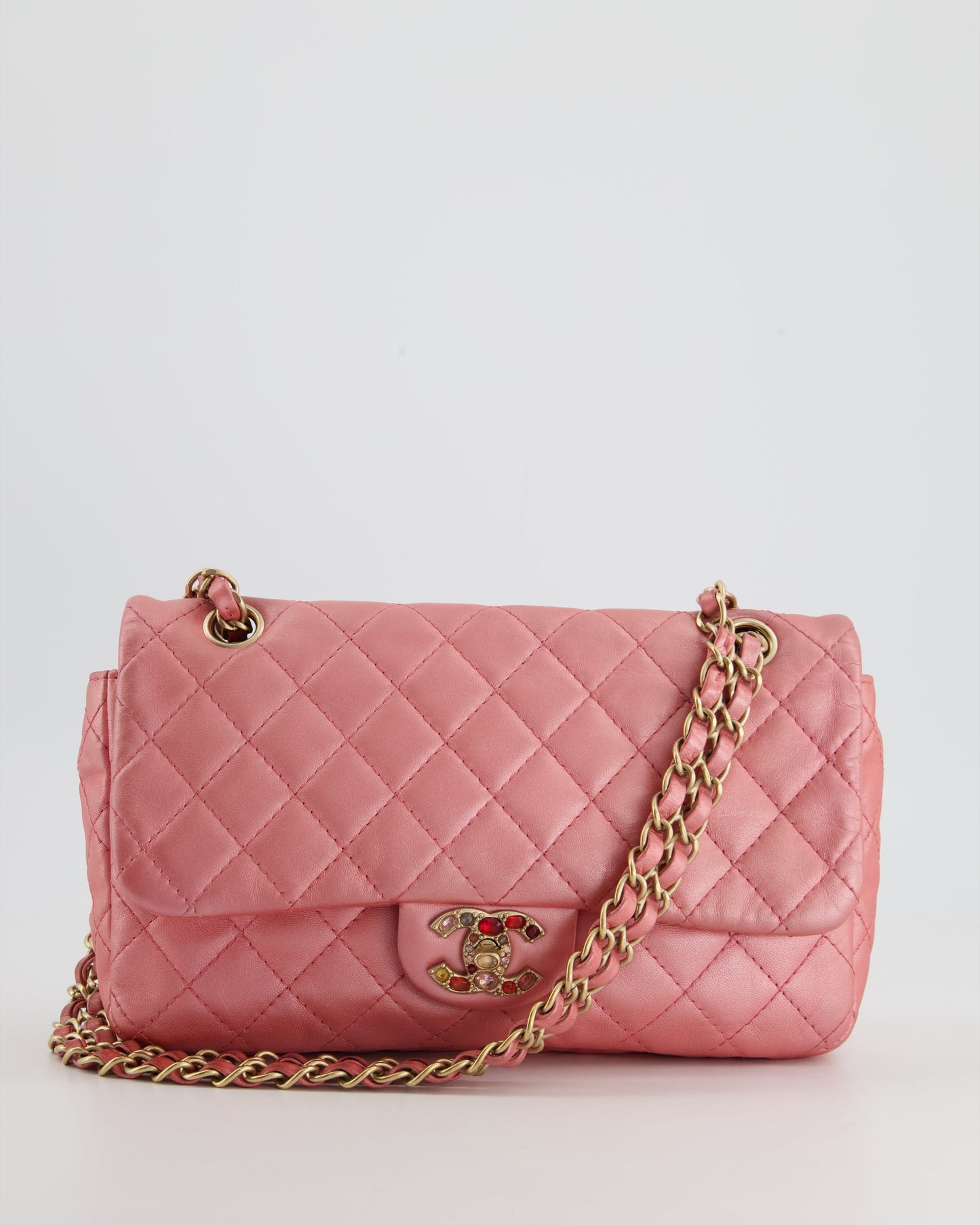 Chanel *LIMITED EDITION* Pink Metallic Single Flap Shoulder Bag in Lambskin Leather with Gold and Precious Stone Hardware