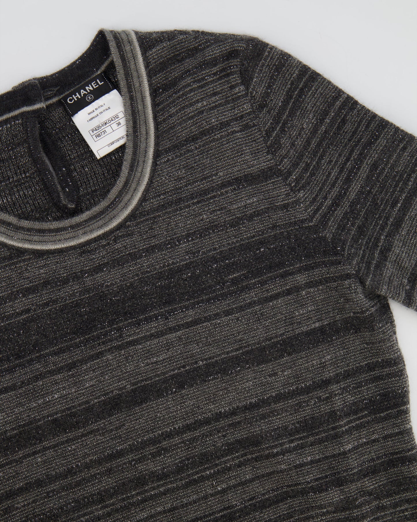 Chanel Grey Striped Cashmere Metallic Thread Long-Sleeve Top Size FR 38 (UK 10) Accessory