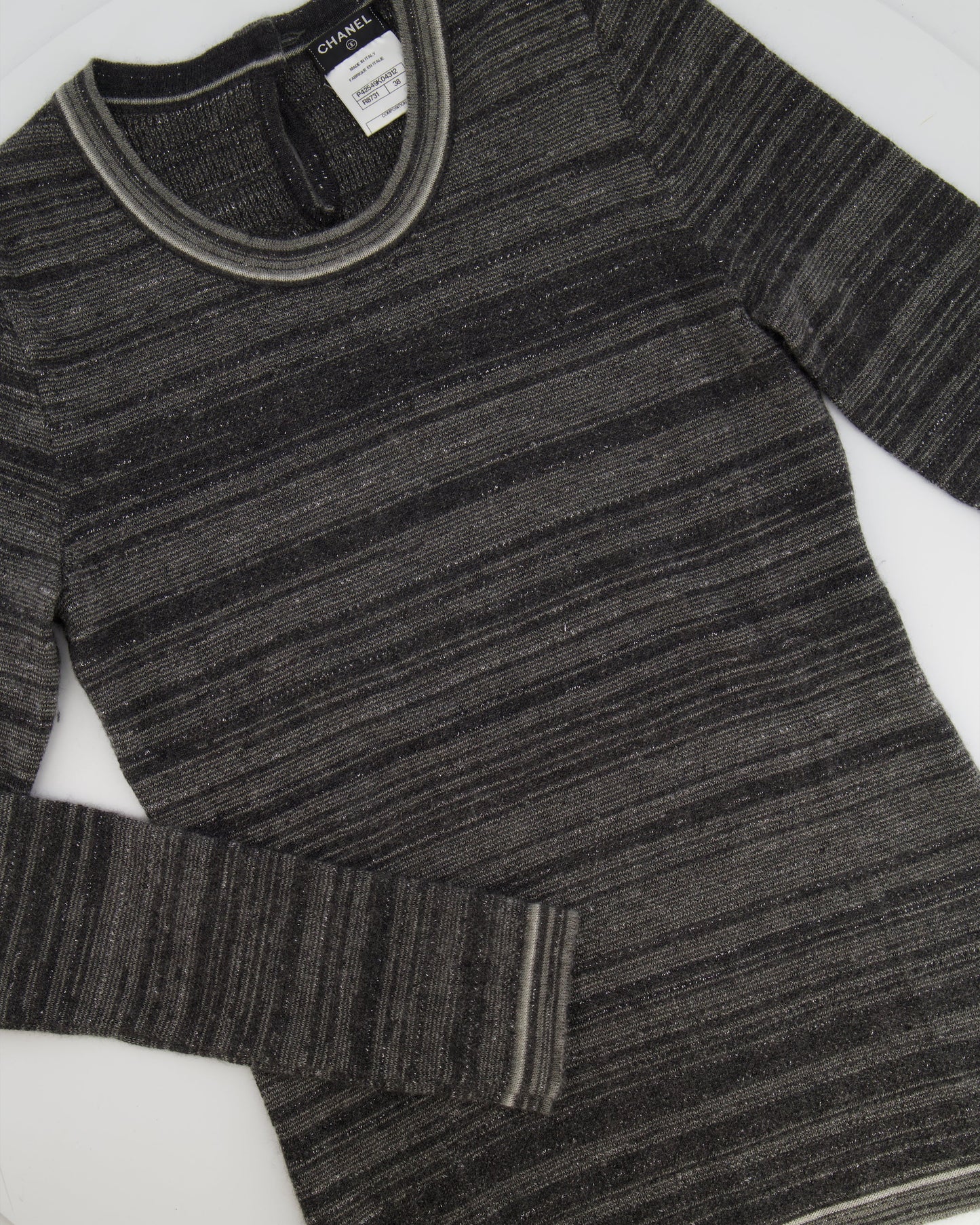 Chanel Grey Striped Cashmere Metallic Thread Long-Sleeve Top Size FR 38 (UK 10) Accessory