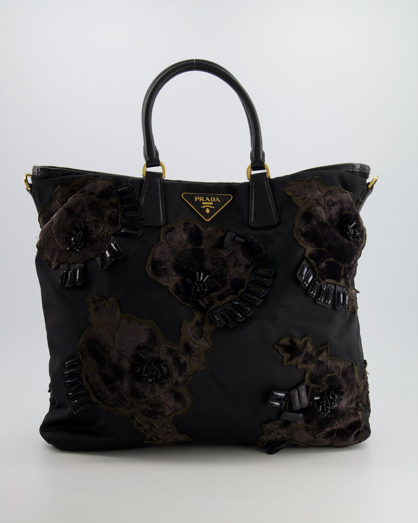 Prada Tote Bag With Hardware Velvet And Crystal Embroideries Nylon Black Gold