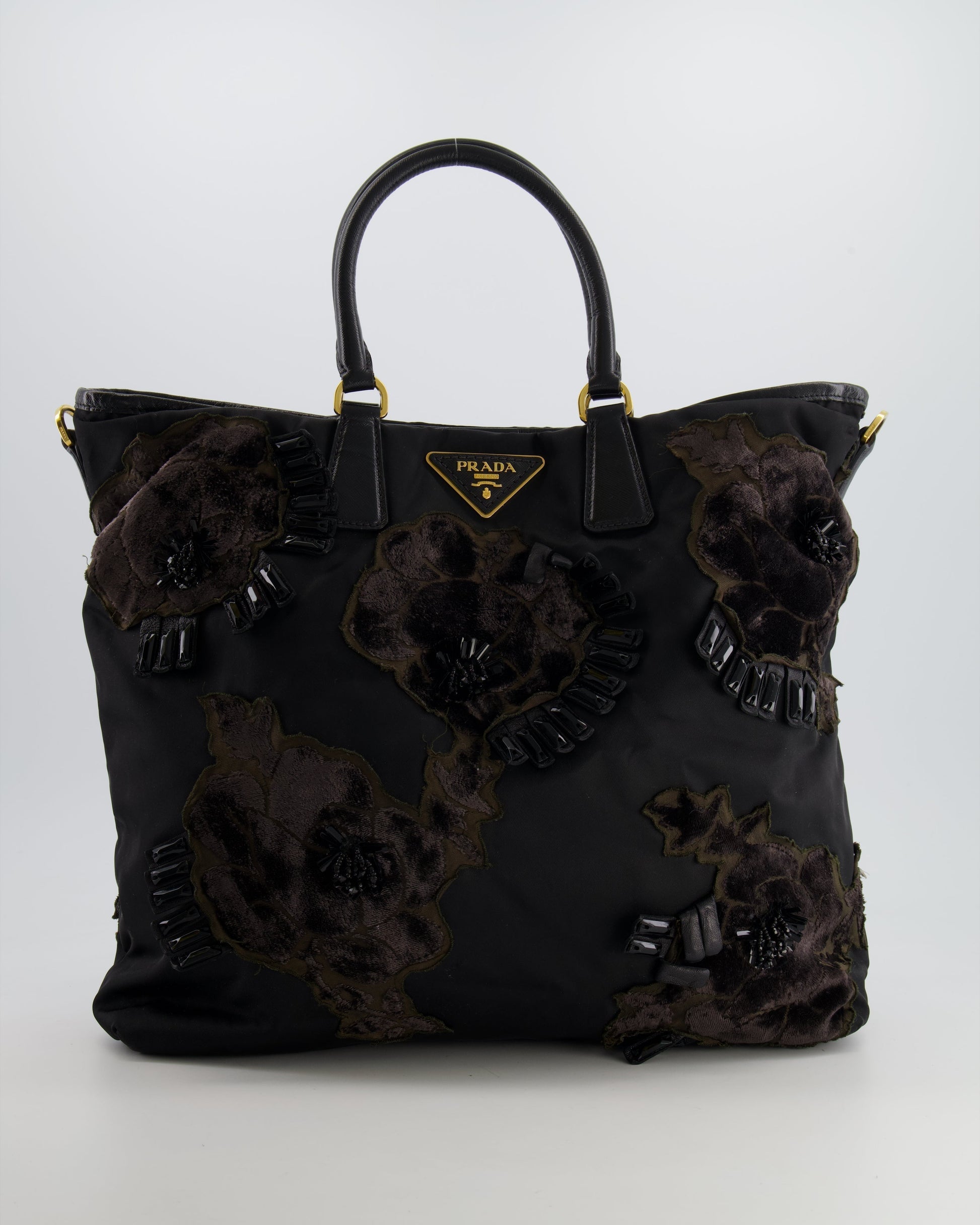 Prada Tote Bag With Hardware Velvet And Crystal Embroideries Nylon Black Gold