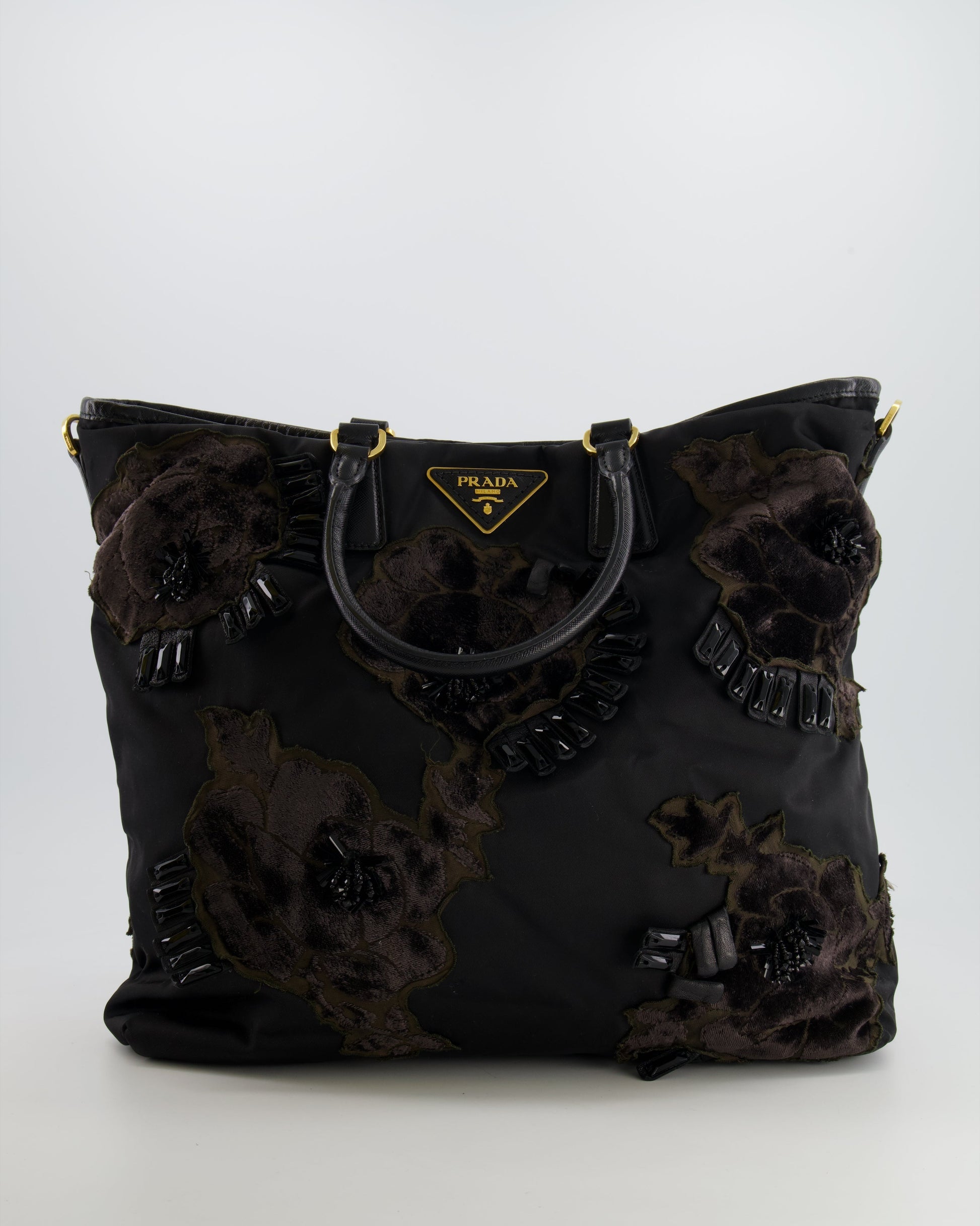 Prada Tote Bag With Hardware Velvet And Crystal Embroideries Nylon Black Gold