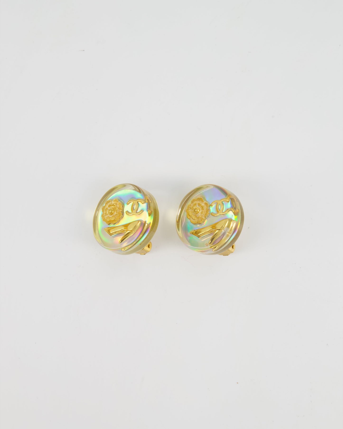 Chanel Round Iridescent with Gold CC Logo, Caméila & Shoe Detail Clip-On Earrings