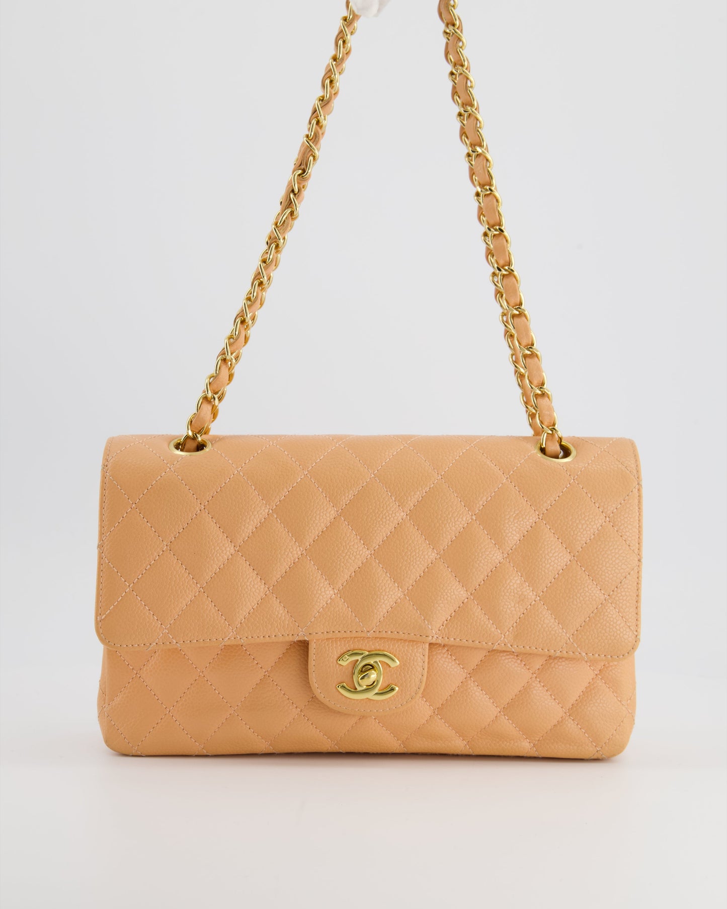 Chanel Peach Classic Medium Double Flap Bag in Caviar Leather with Gold Hardware