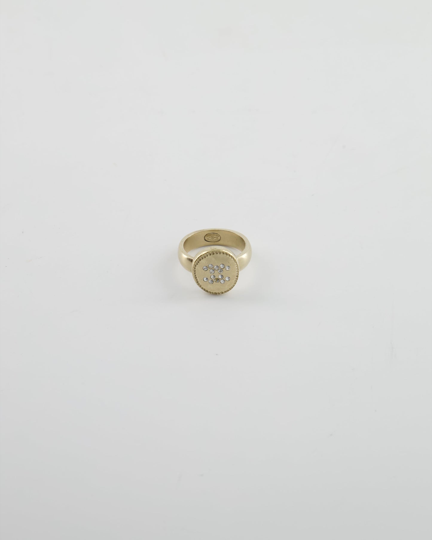 Chanel Antique Champagne Gold Round Ring with Crystal CC Logo