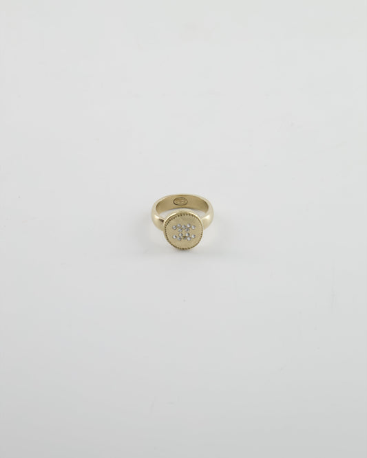 Chanel Antique Champagne Gold Round Ring with Crystal CC Logo