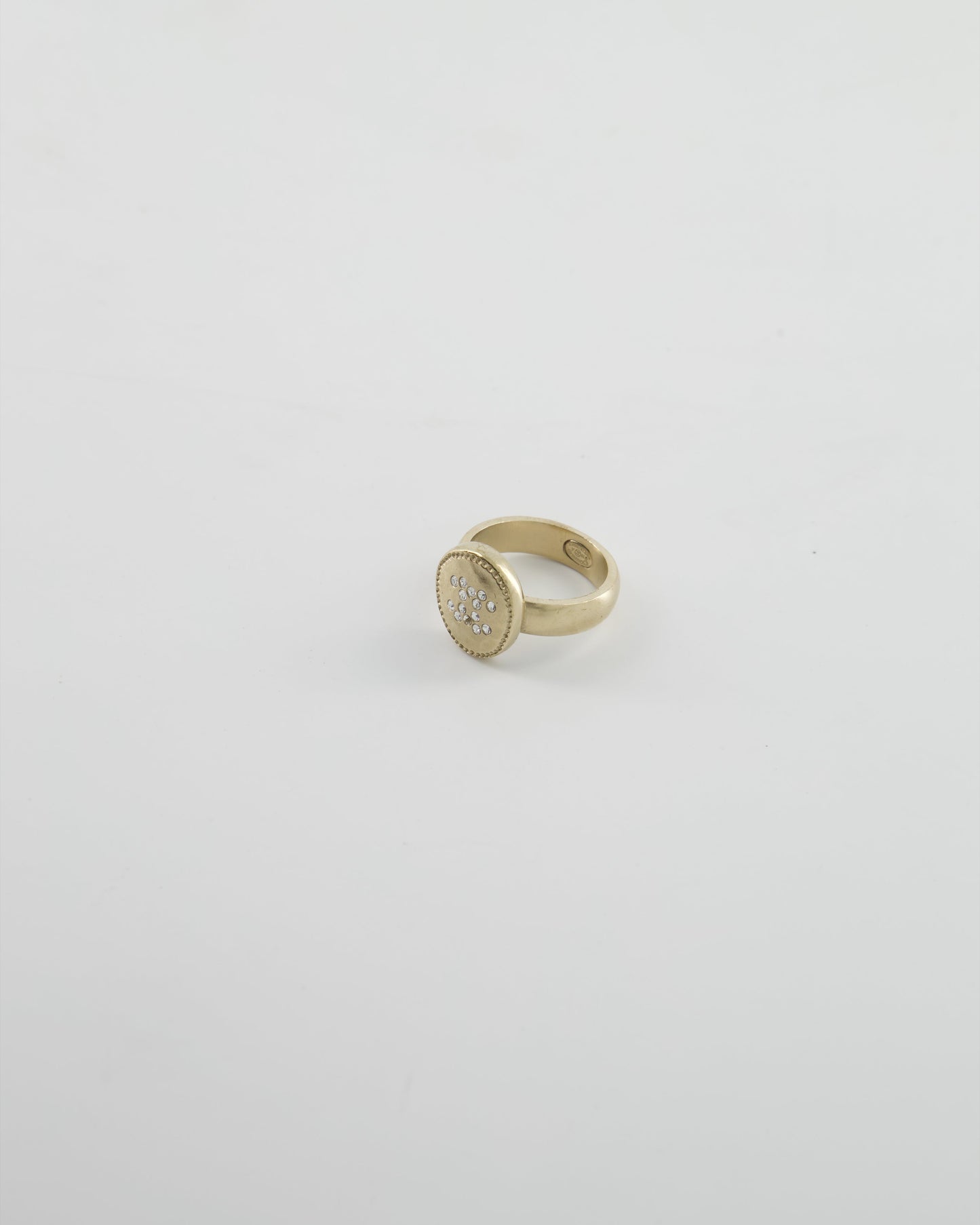 Chanel Antique Champagne Gold Round Ring with Crystal CC Logo