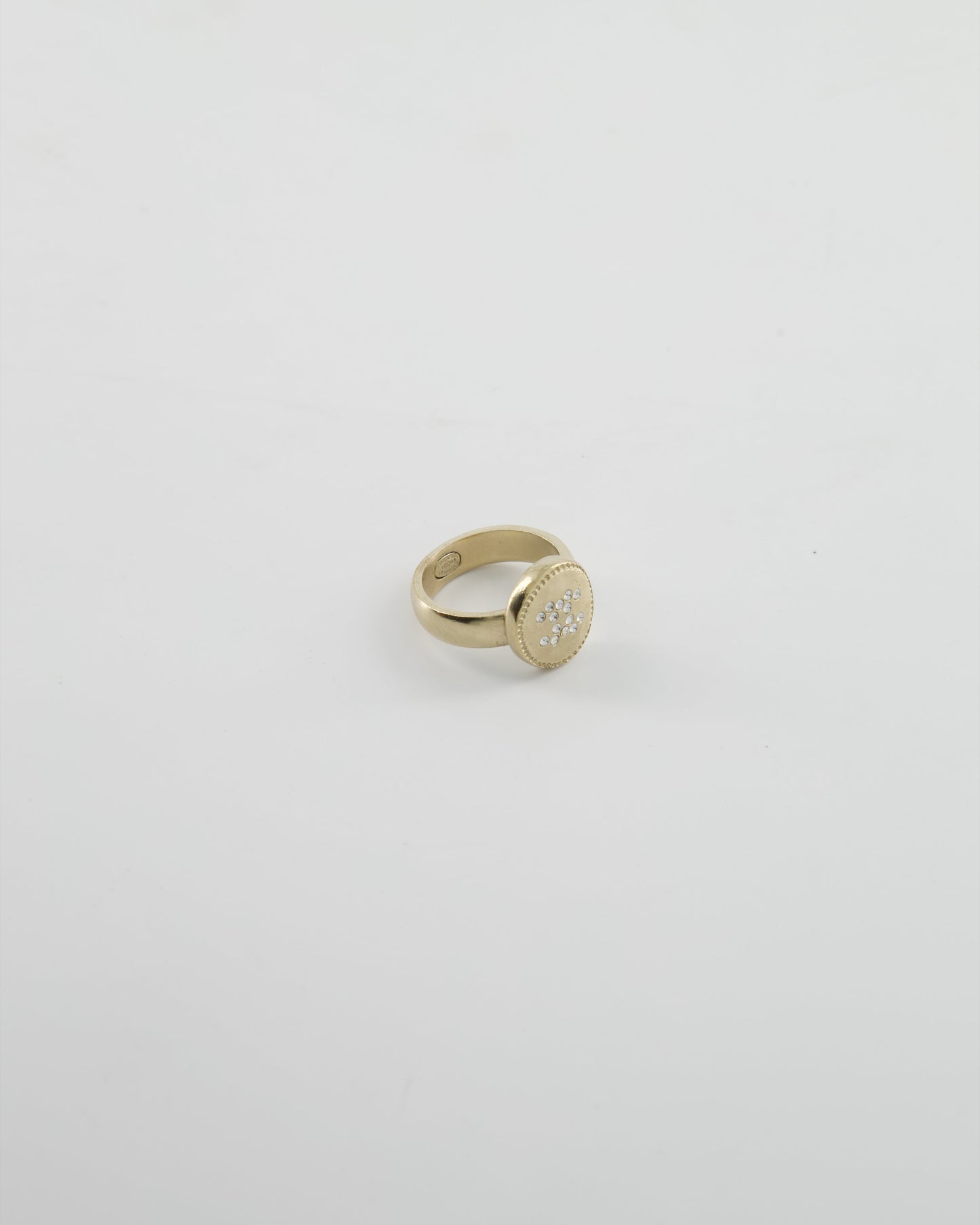 Chanel Antique Champagne Gold Round Ring with Crystal CC Logo