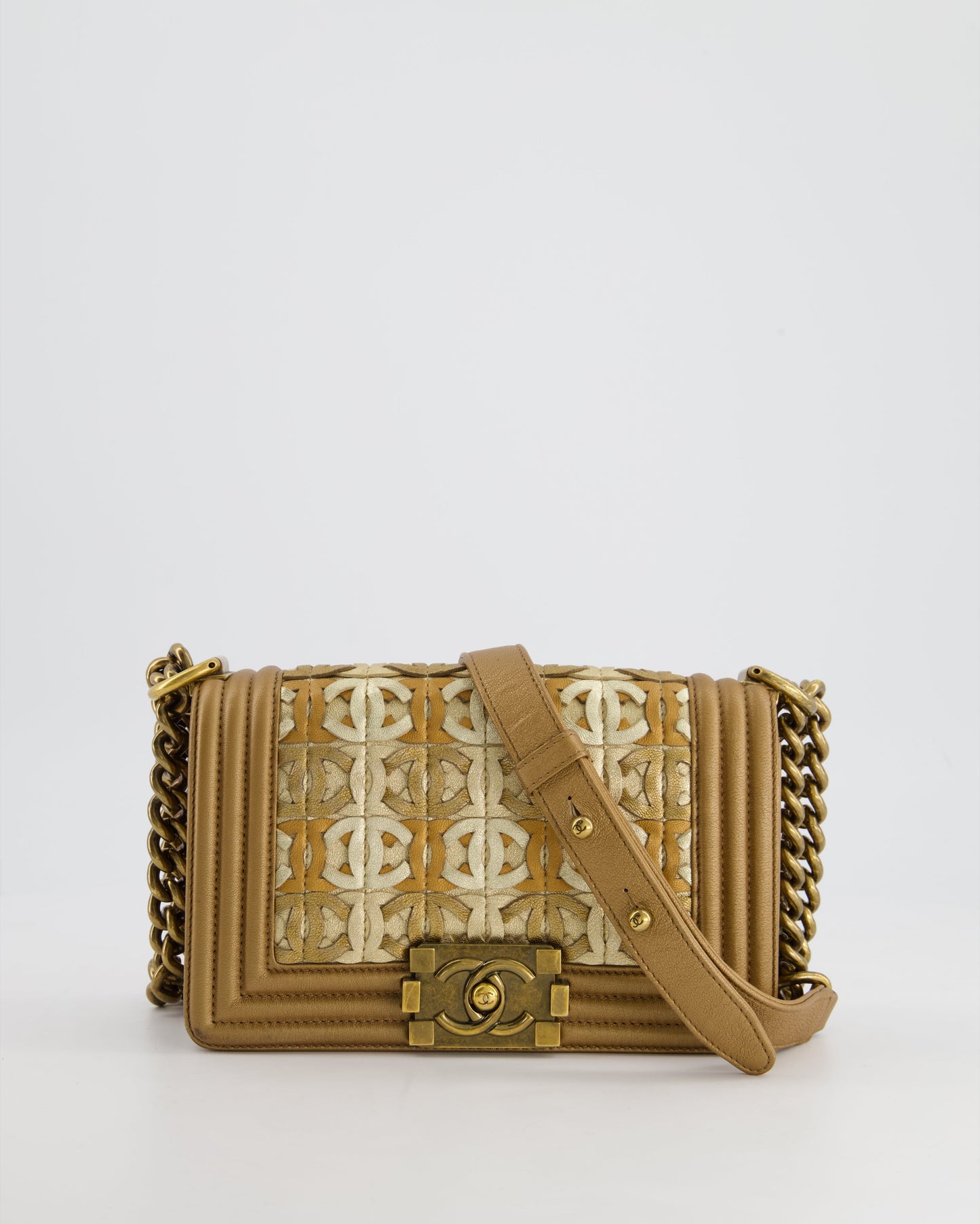 Chanel *LIMITED EDITION* Gold Metallic Small Boy In Calfskin Leather with Antique Gold Hardware CC Details Accessory