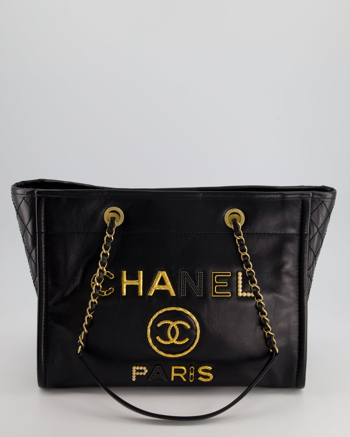 Chanel *HOT* Black Small Deauville Tote Bag in Shiny Calfskin Leather with Antique Gold Hardware and Pearl, Crystal Logo Detail