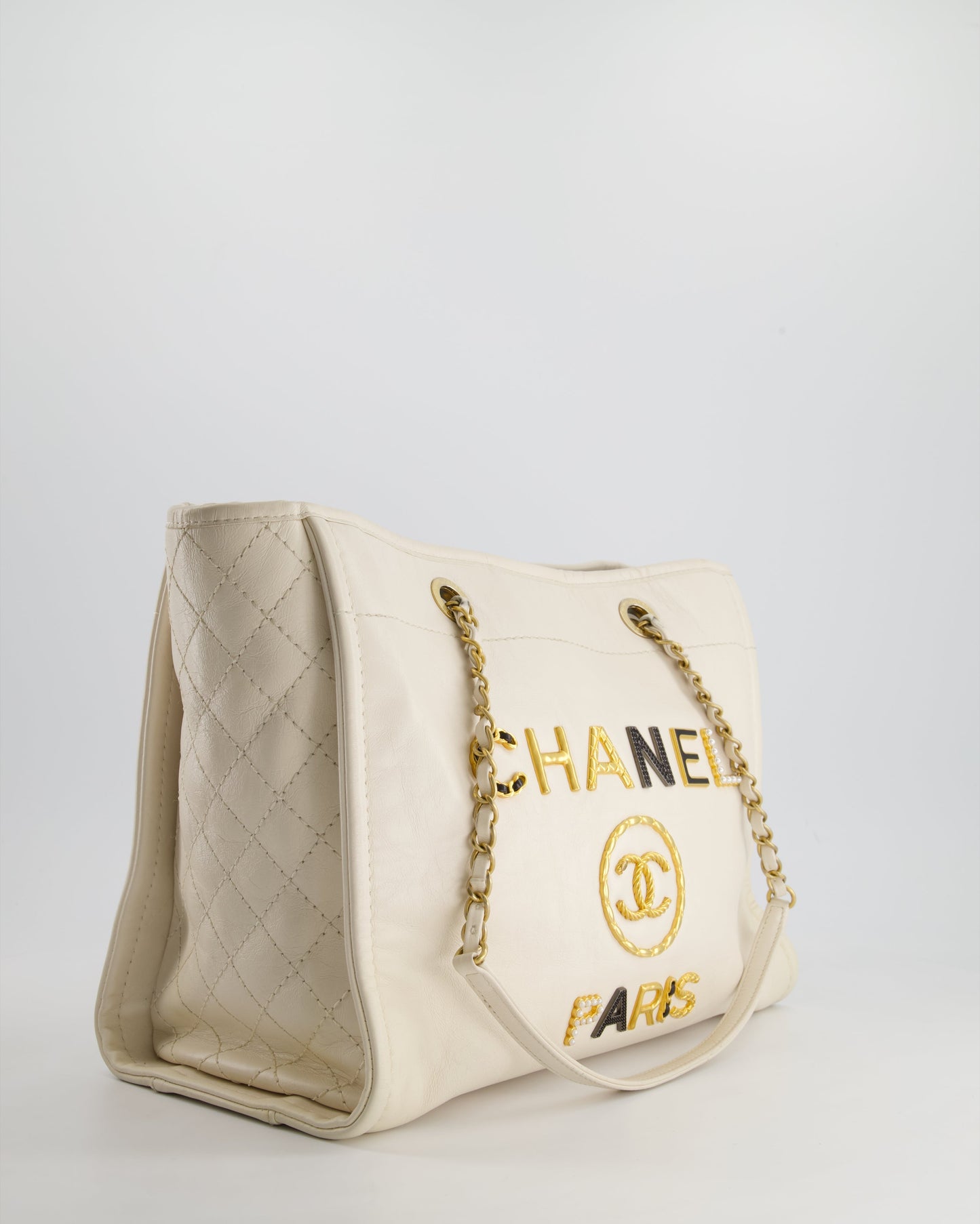 Chanel *HOT* White Small Deauville Tote Bag in Aged Calfskin Leather with Antique Gold Hardware and Pearl, Crystal Logo Detail