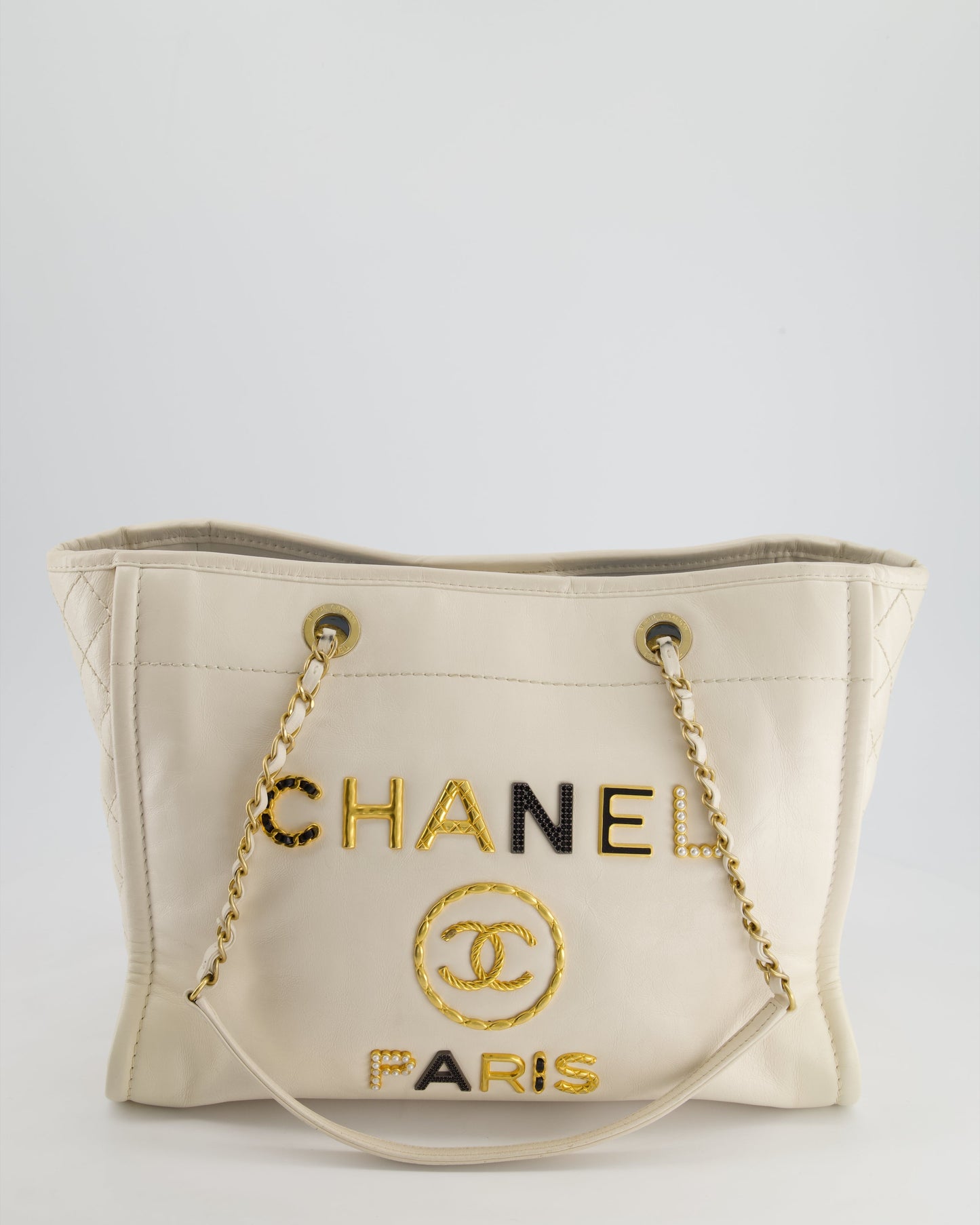 Chanel *HOT* White Small Deauville Tote Bag in Aged Calfskin Leather with Antique Gold Hardware and Pearl, Crystal Logo Detail