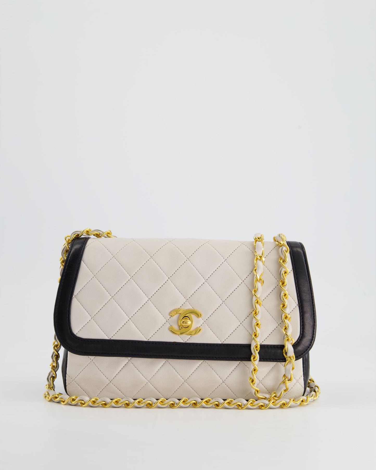 Chanel White, Black Trim Matelasse Cross-Body Bag in Lambskin Leather with Gold Hardware