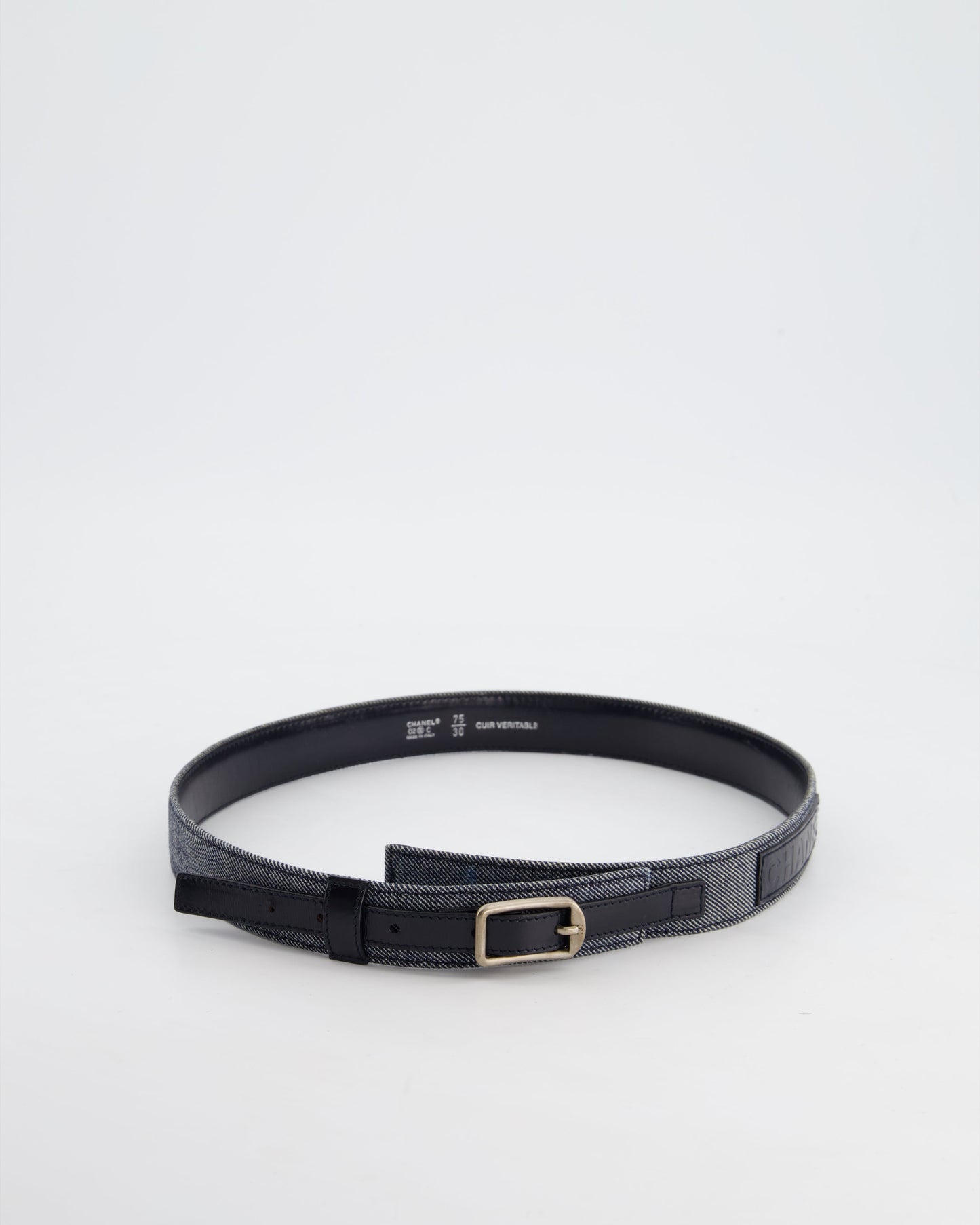 Chanel Denim & Black Leather Belt with Buckle Detail Size
