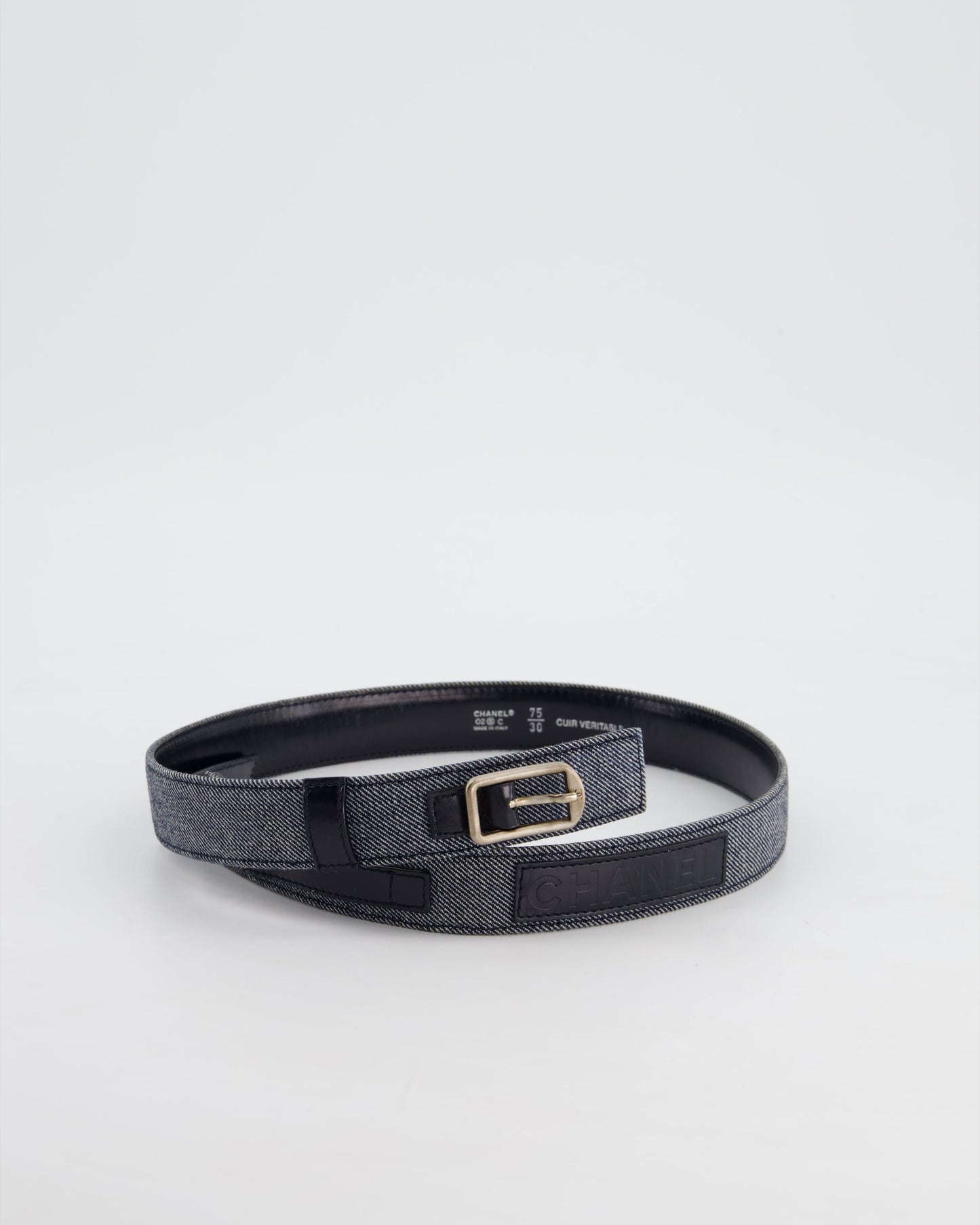 Chanel Denim & Black Leather Belt with Buckle Detail Size