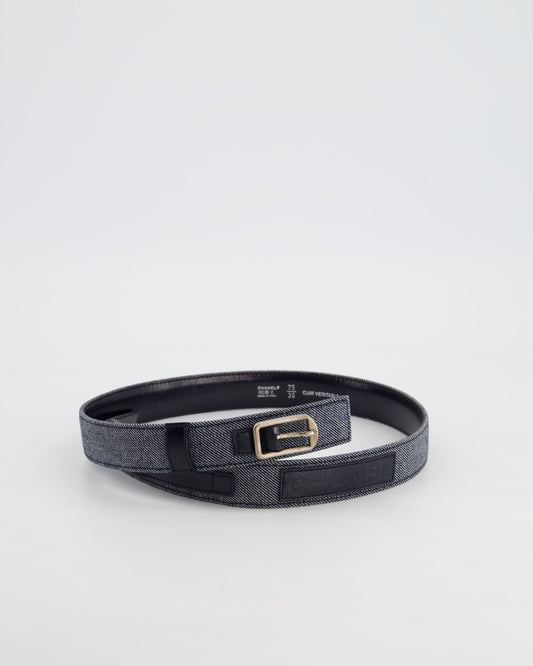 Chanel Denim & Black Leather Belt with Buckle Detail Size
