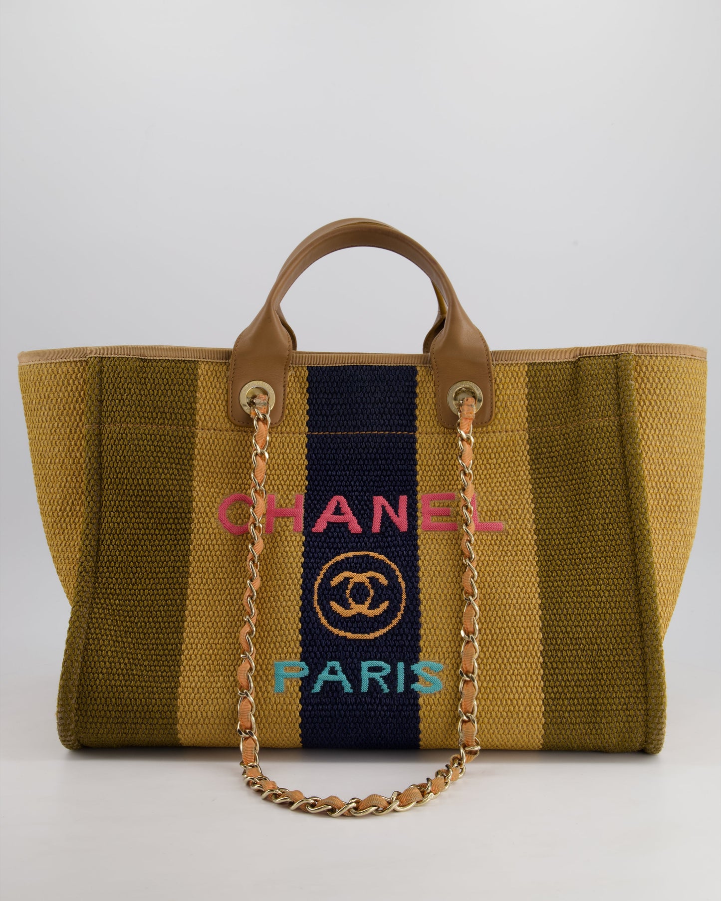 Chanel *HOT* Beige, Navy and Khaki Raffia Deauville Tote with Pastel Logo and Champagne Gold Hardware