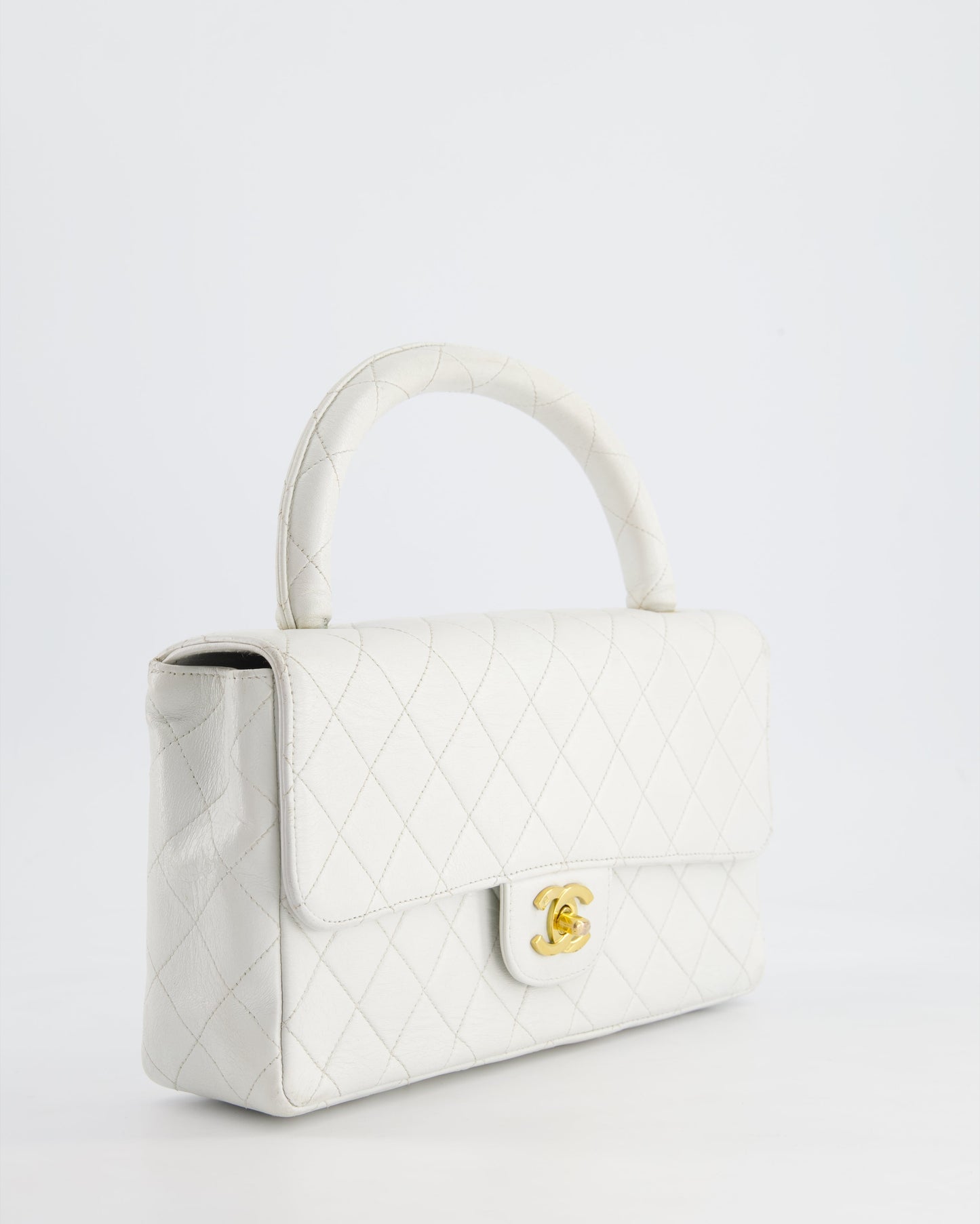 Chanel White Matelasse Leather Top Handle Bag with Gold Hardware