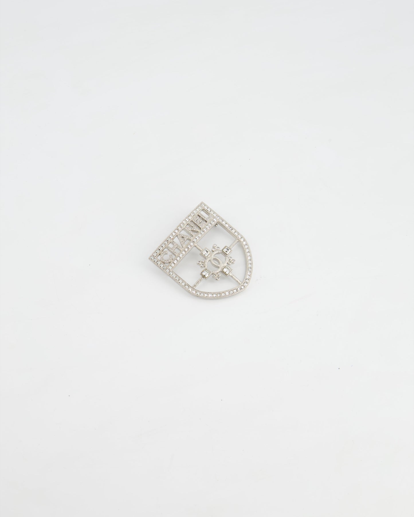 Chanel *HOT* Silver Crystal Large Brooch with CC and Logo Details