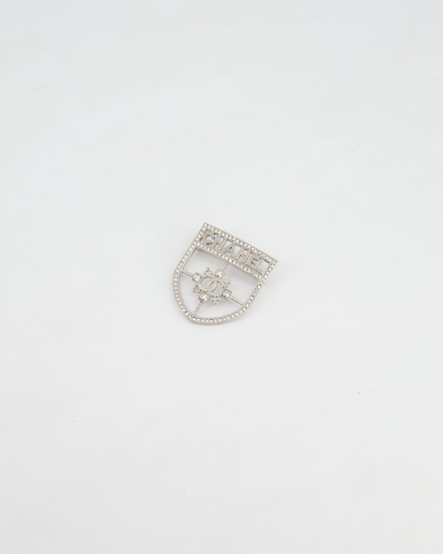 Chanel *HOT* Silver Crystal Large Brooch with CC and Logo Details