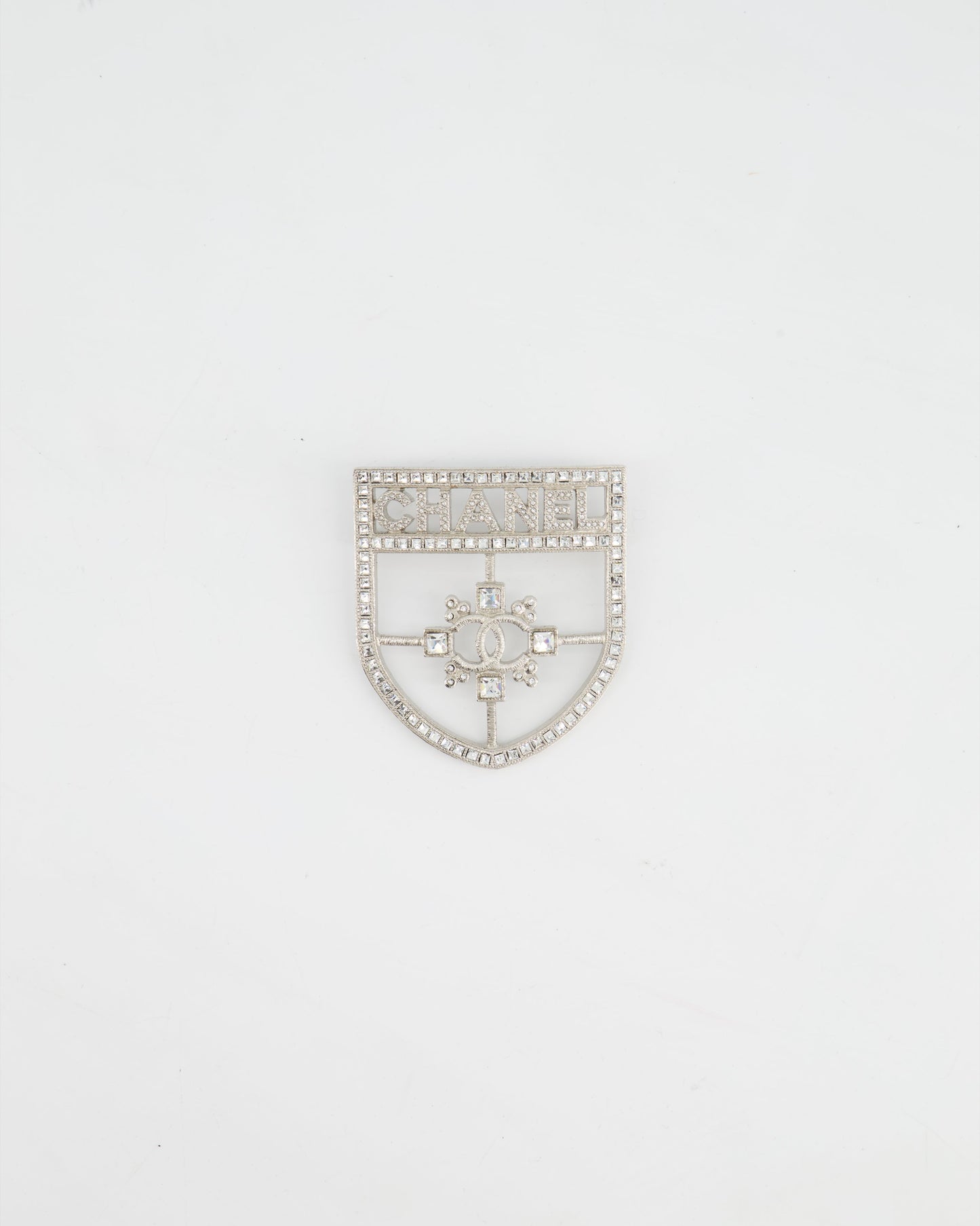 Chanel *HOT* Silver Crystal Large Brooch with CC and Logo Details
