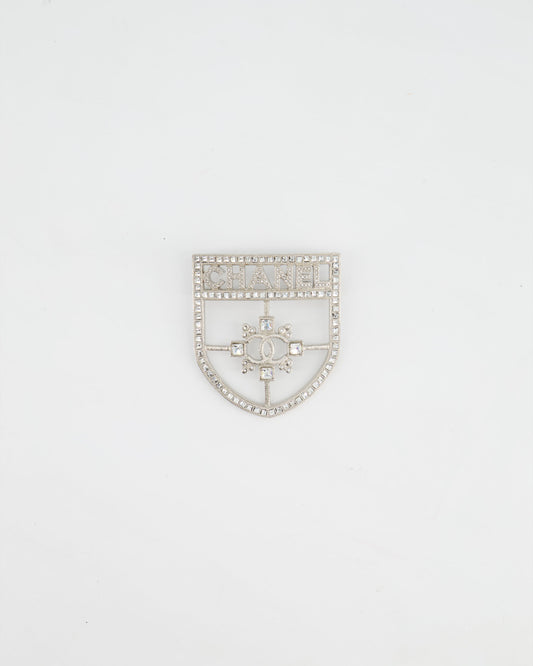 Chanel *HOT* Silver Crystal Large Brooch with CC and Logo Details
