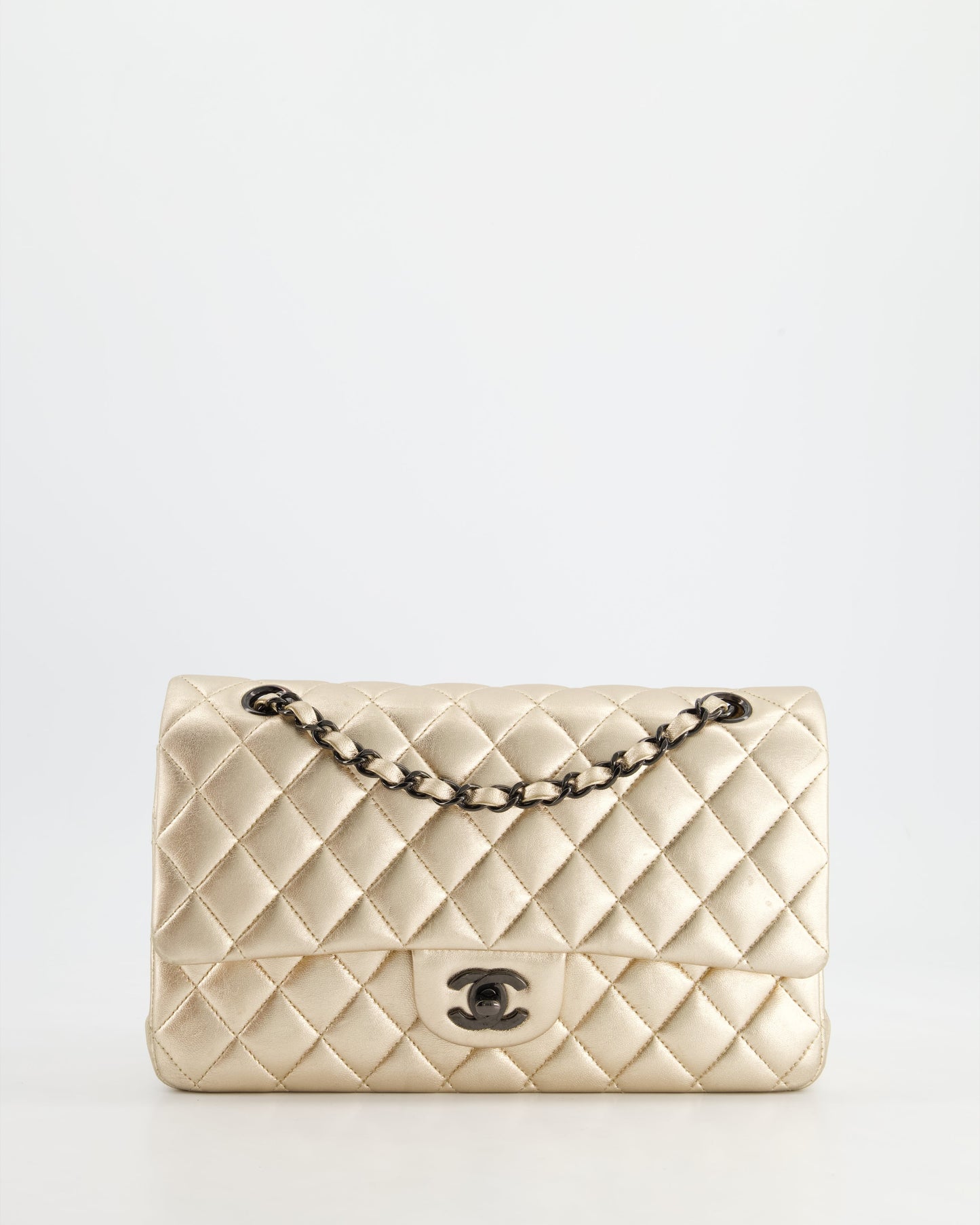 Chanel * RARE* Metallic Gold Medium Classic Double Flap Bag in Lambskin Leather with Black Hardware