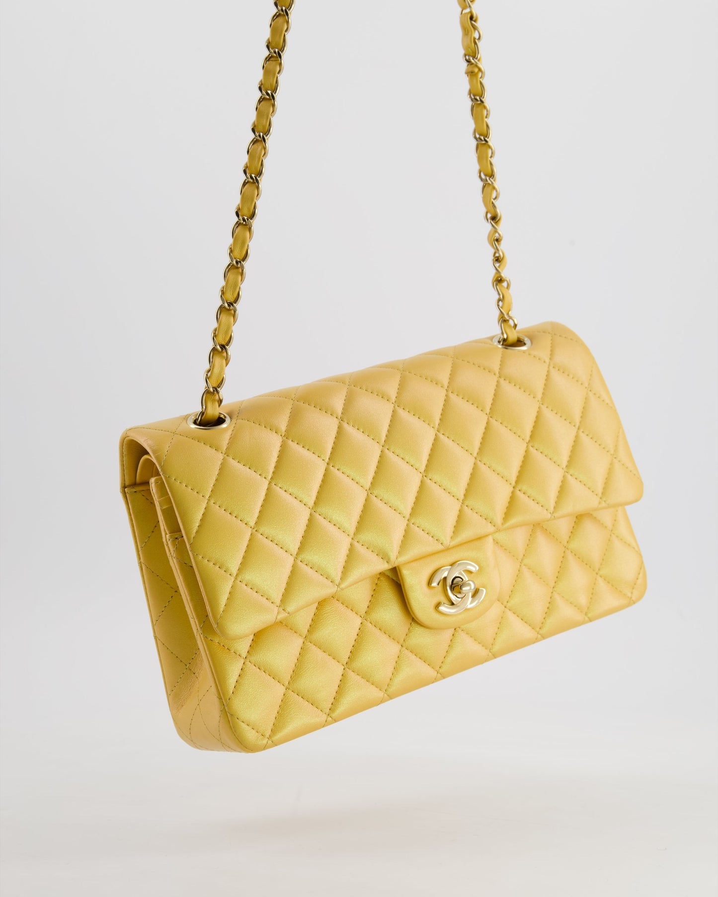 Chanel *HOT* Iridescent Mustard Yellow Medium Double Flap Bag in Lambskin Leather with Champagne Gold Hardware