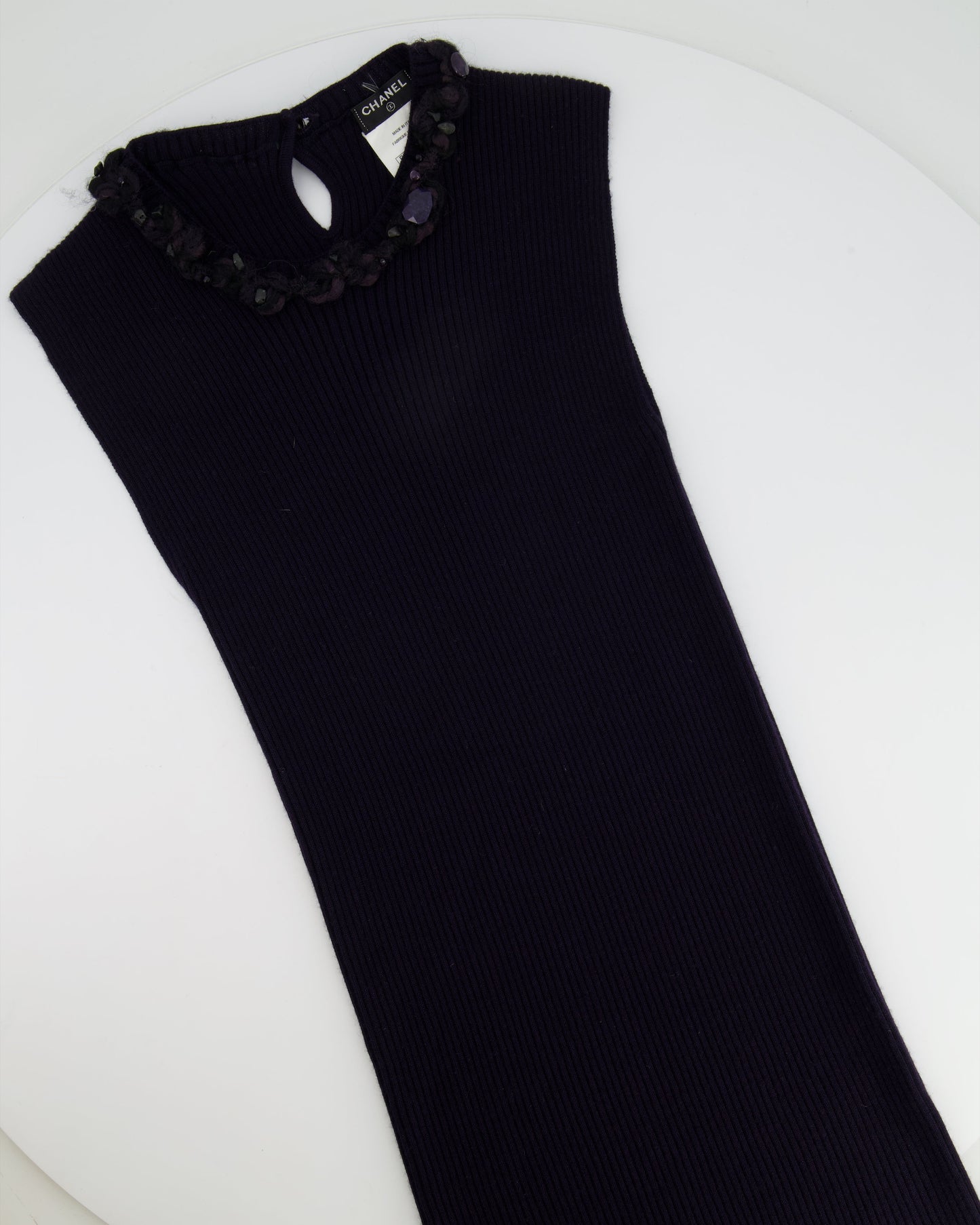 Chanel Purple Cashmere Silk Blend Sleeveless Top with Stone-Embellished Collar Size FR 40 (UK 12) Accessory