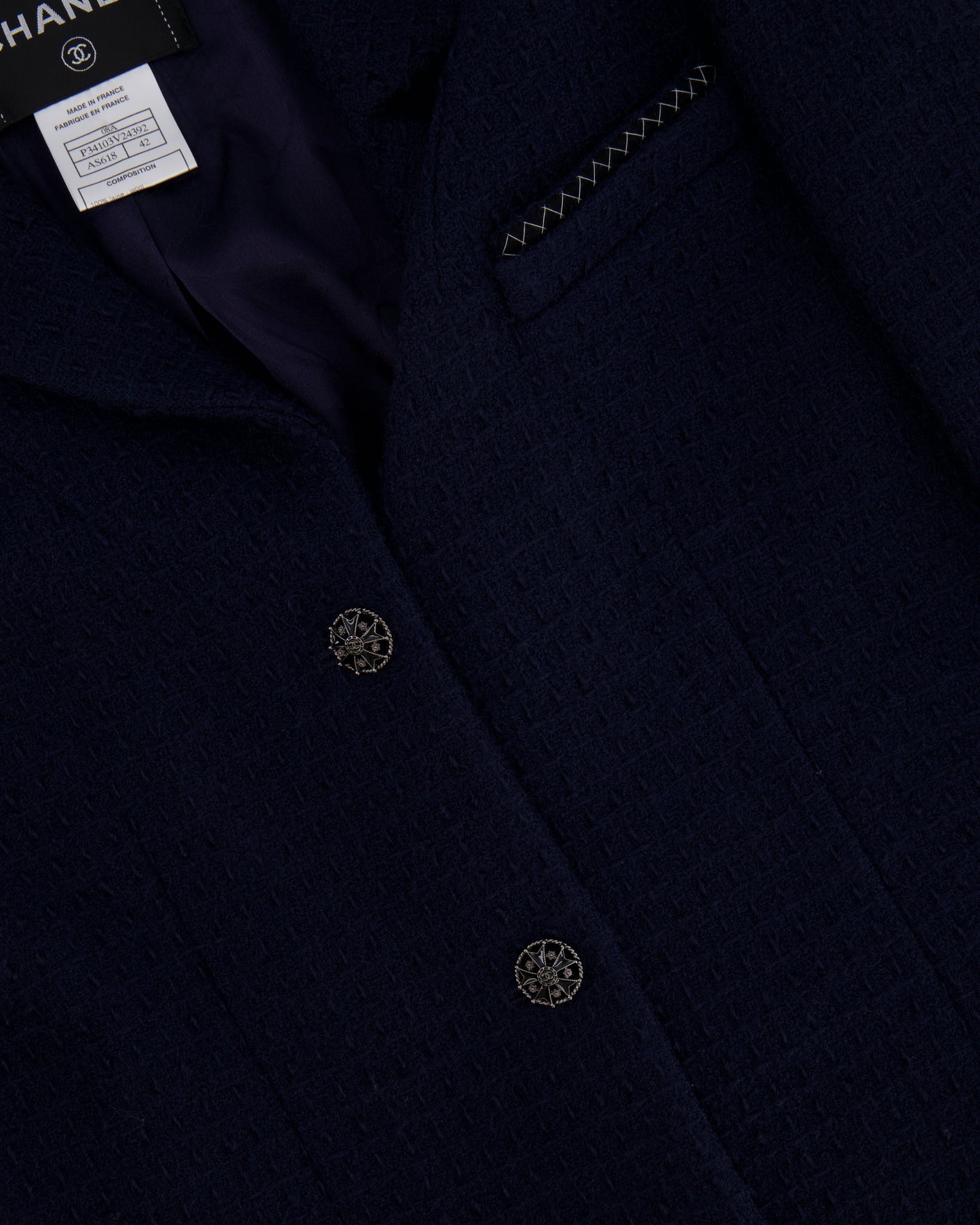 Chanel Navy Tweed Jacket and Midi Skirt Set with Silver CC Logo Details Size FR 42 (UK 14)