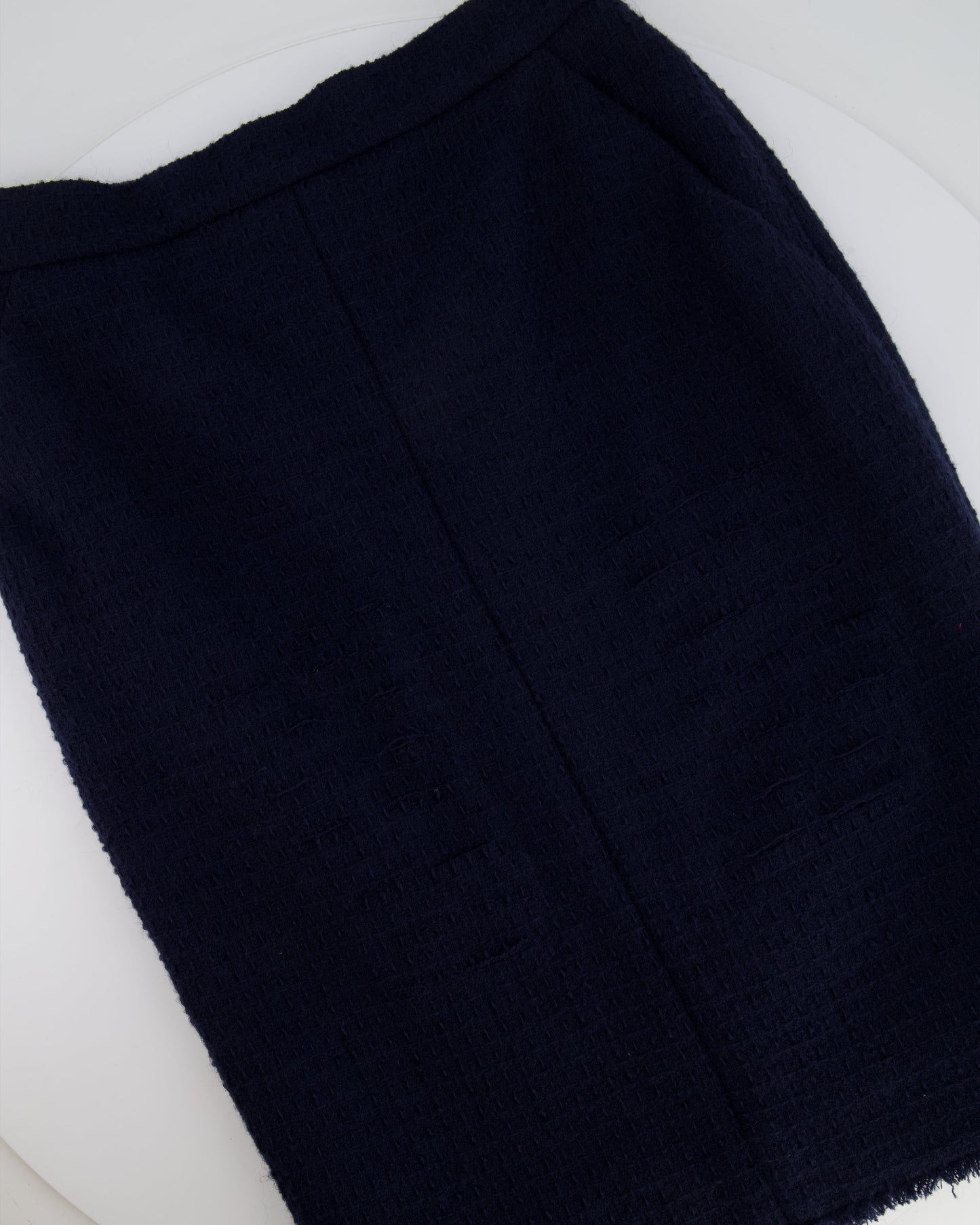 Chanel Navy Tweed Jacket and Midi Skirt Set with Silver CC Logo Details Size FR 42 (UK 14)