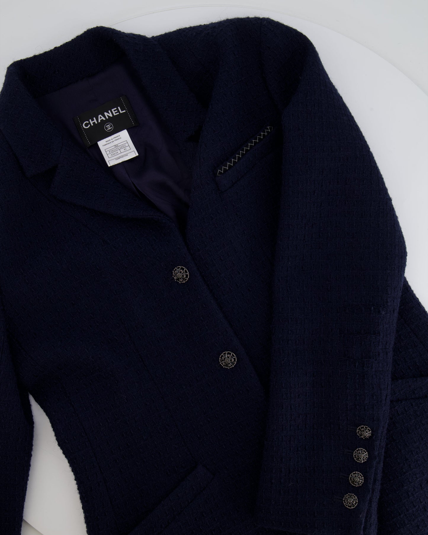 Chanel Navy Tweed Jacket and Midi Skirt Set with Silver CC Logo Details Size FR 42 (UK 14)