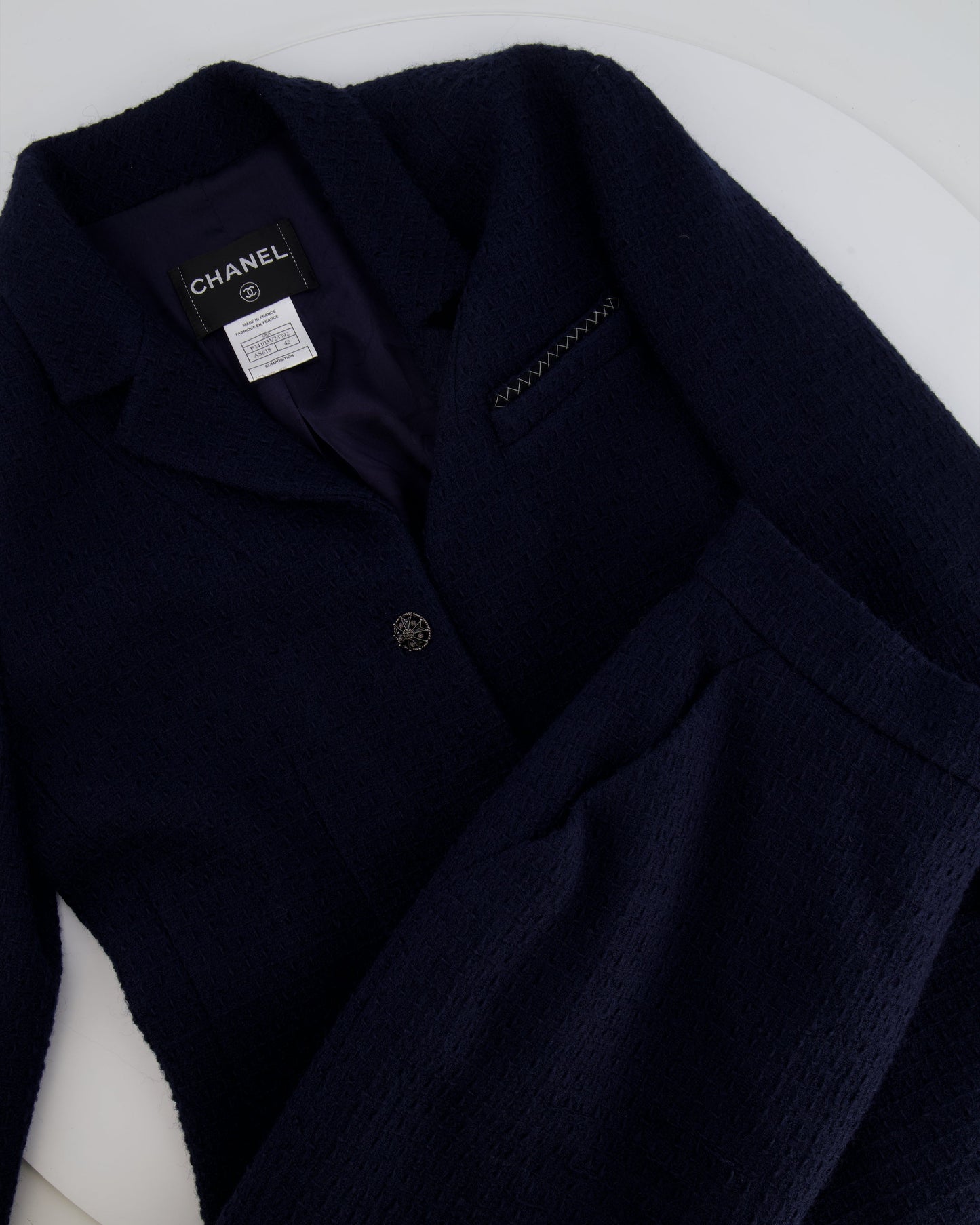 Chanel Navy Tweed Jacket and Midi Skirt Set with Silver CC Logo Details Size FR 42 (UK 14)