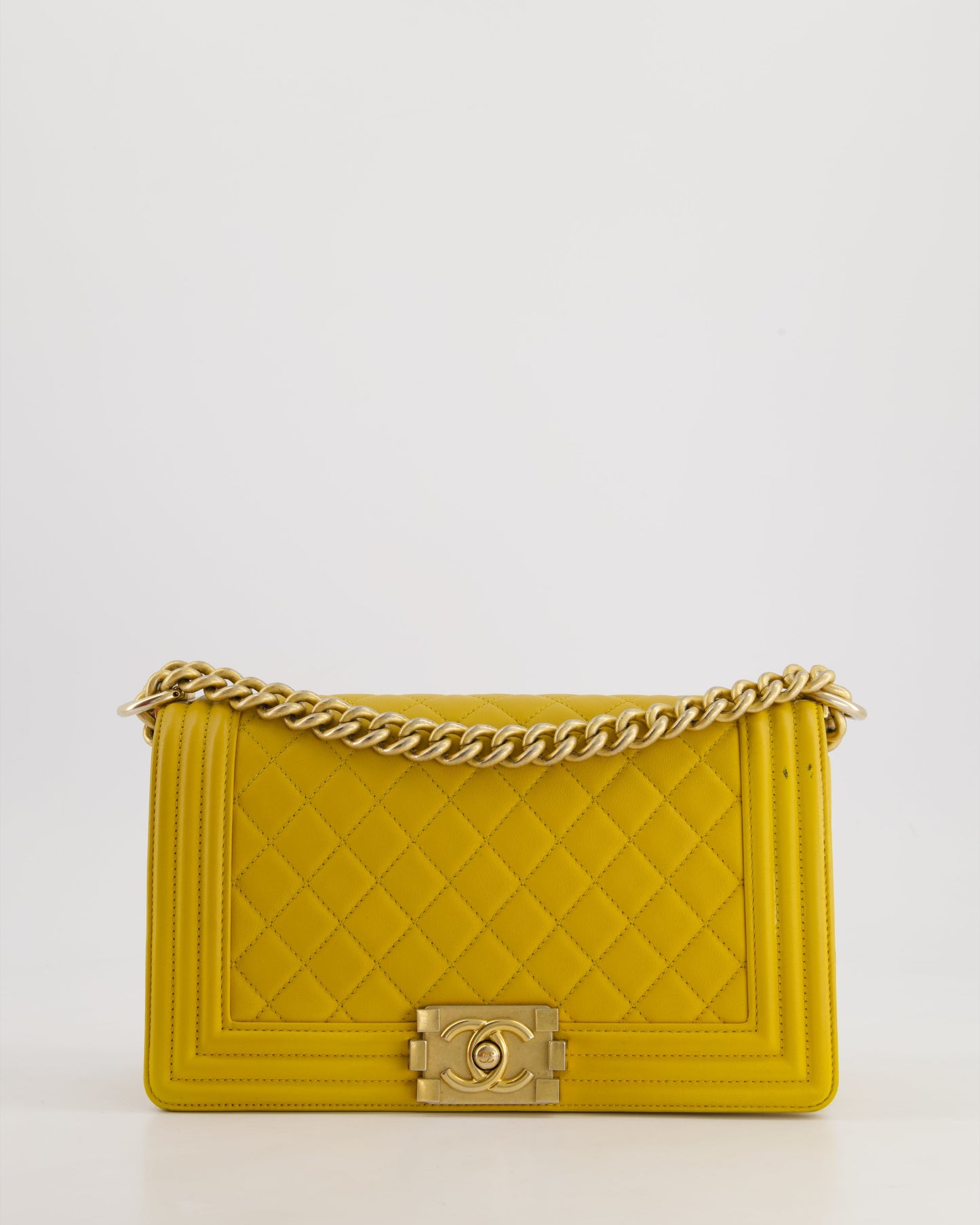 Chanel Mustard Yellow Medium Boy in Calfskin Leather with Antique Gold Hardware Accessory