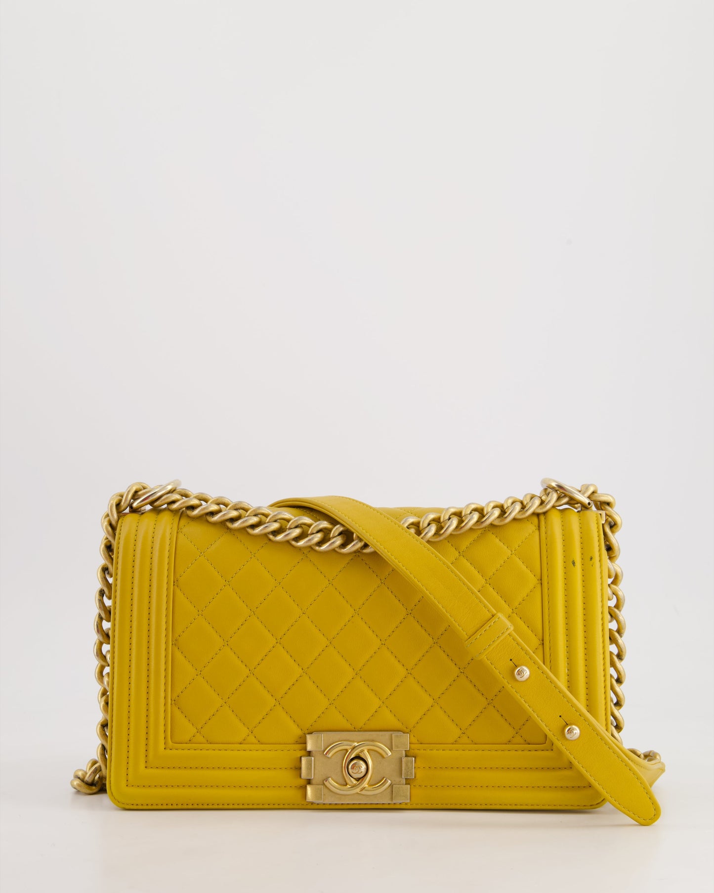 Chanel Mustard Yellow Medium Boy in Calfskin Leather with Antique Gold Hardware Accessory