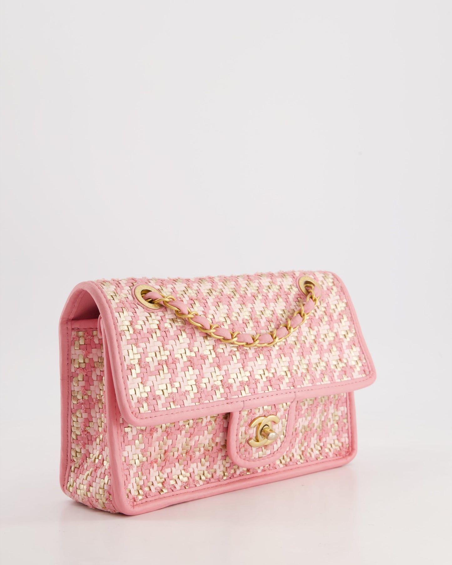 Chanel Pink Woven Flap Bag with Leather Edge Detail and Brushed Gold Hardware
