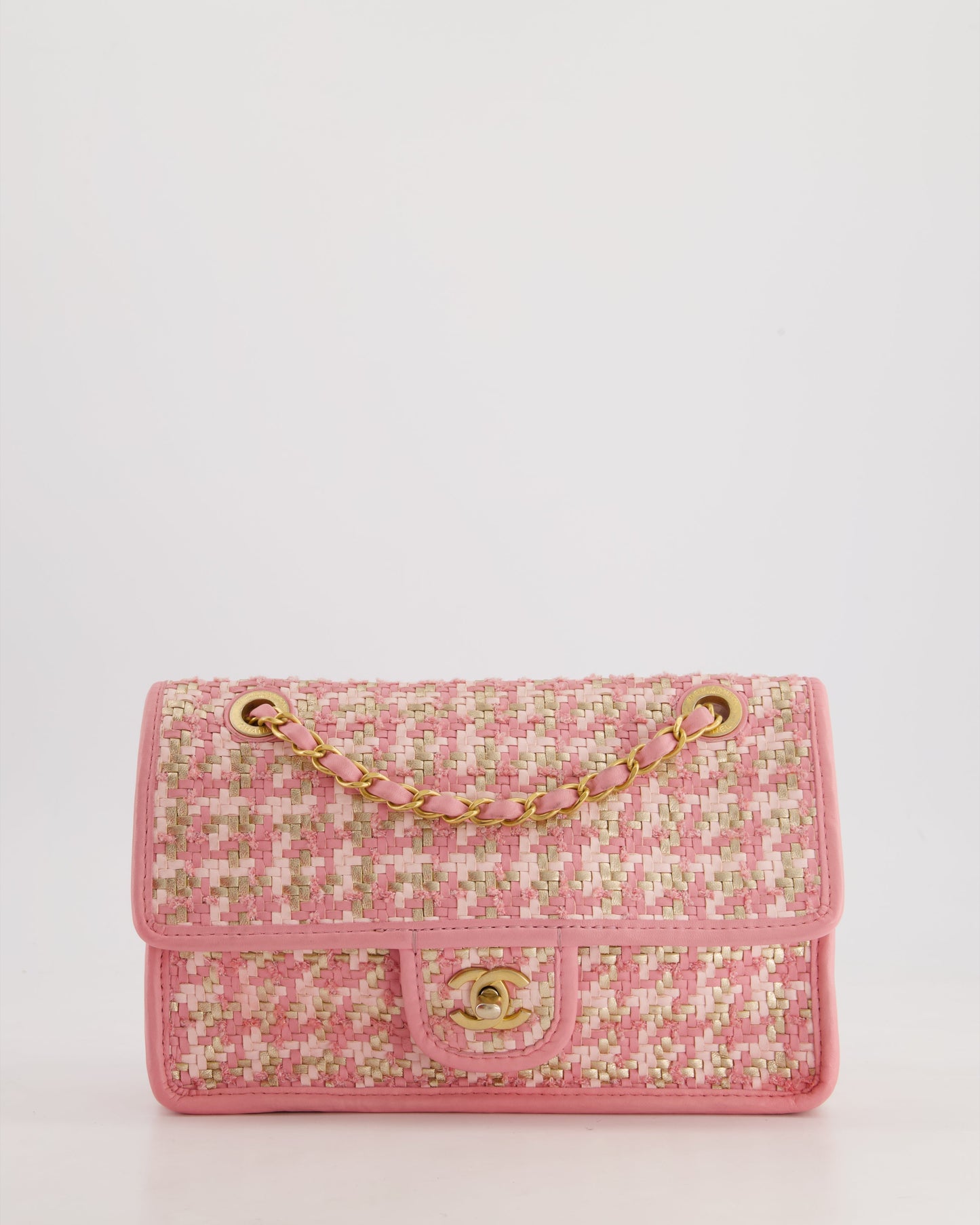 Chanel Pink Woven Flap Bag with Leather Edge Detail and Brushed Gold Hardware