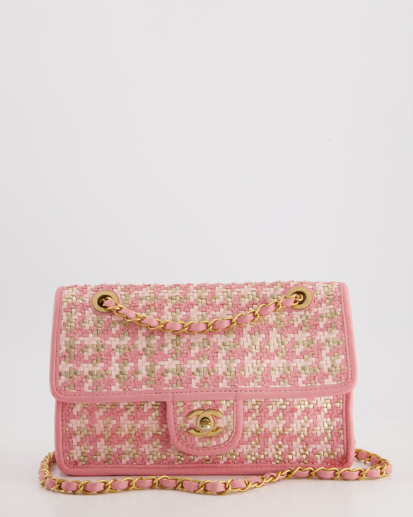 Chanel Pink Woven Flap Bag with Leather Edge Detail and Brushed Gold Hardware