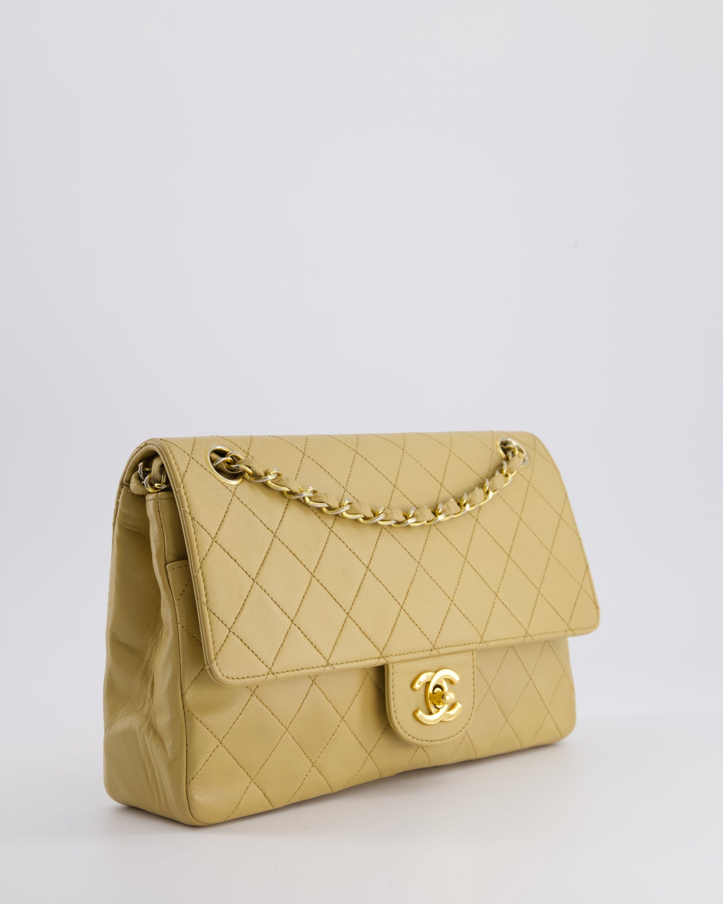 Chanel *FIRE * Chai Beige Classic Medium Stitched Edge Double Flap Bag in Lambskin Leather with Gold Hardware