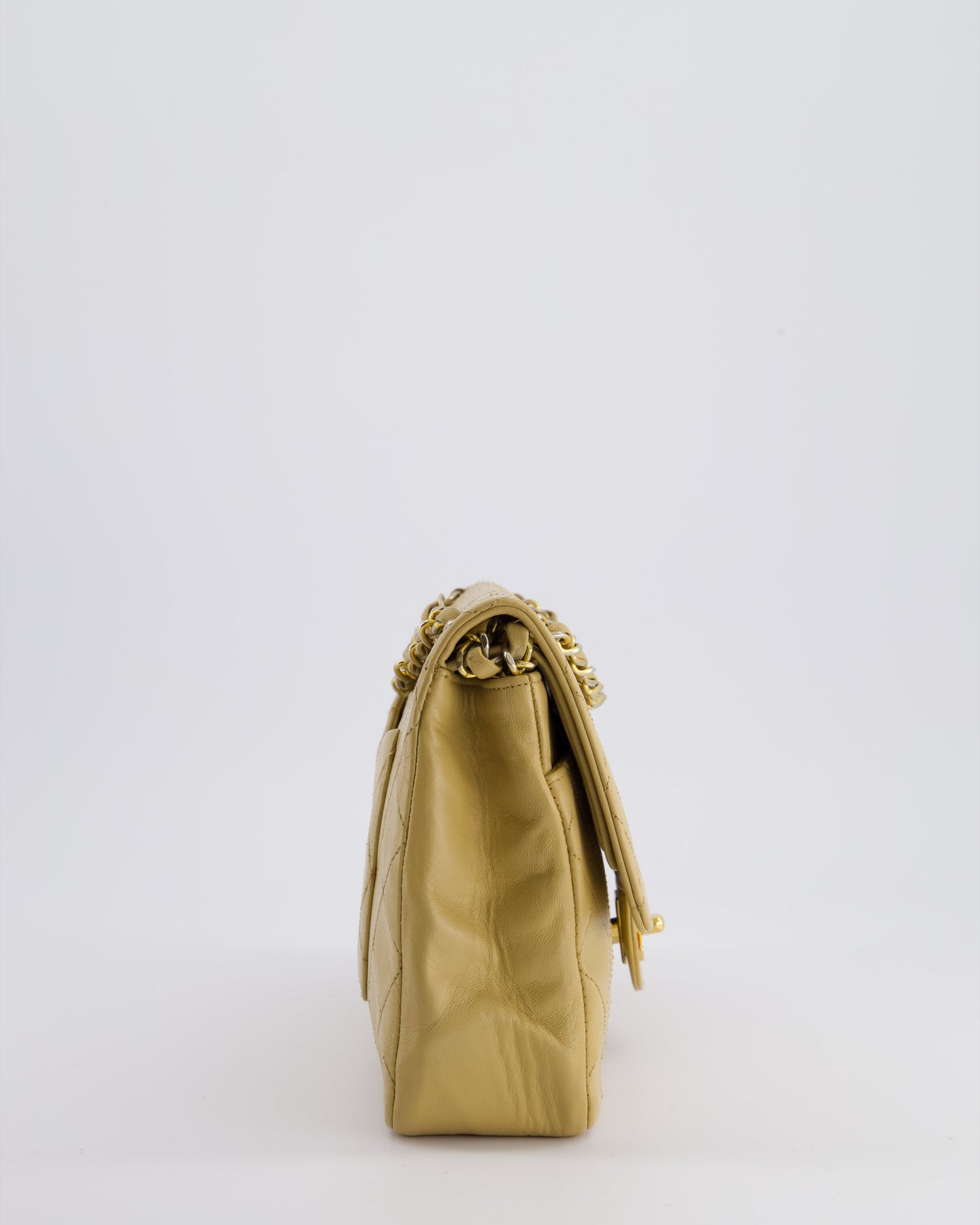 Chanel *FIRE * Chai Beige Classic Medium Stitched Edge Double Flap Bag in Lambskin Leather with Gold Hardware