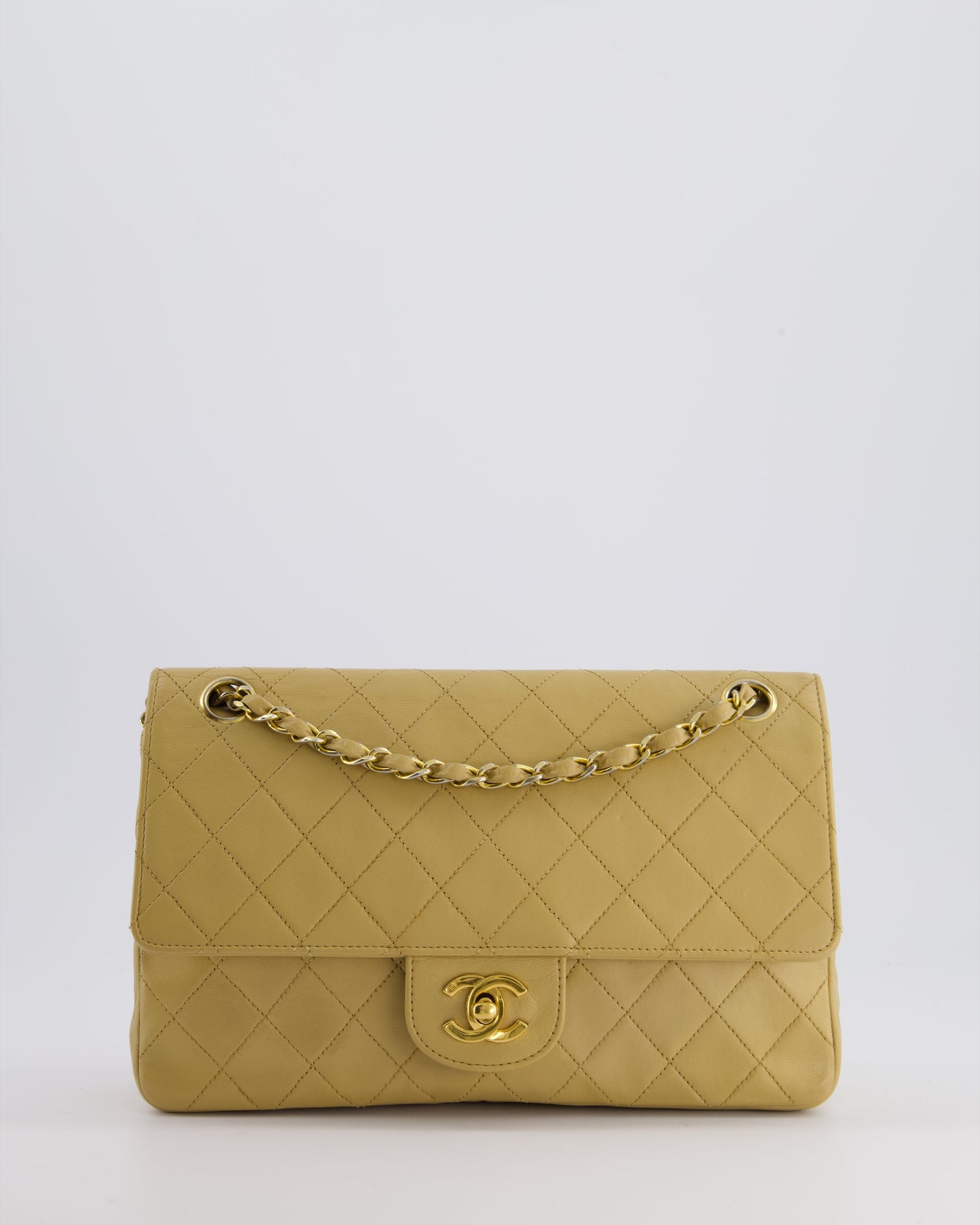 Chanel *FIRE * Chai Beige Classic Medium Stitched Edge Double Flap Bag in Lambskin Leather with Gold Hardware