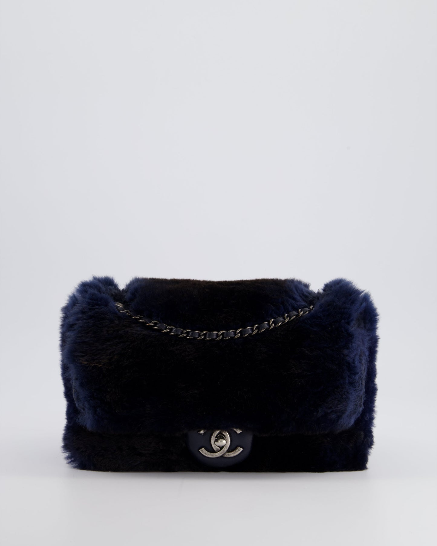 Chanel *HOT* Navy Rabbit Fur Single Flap Bag with Silver Hardware