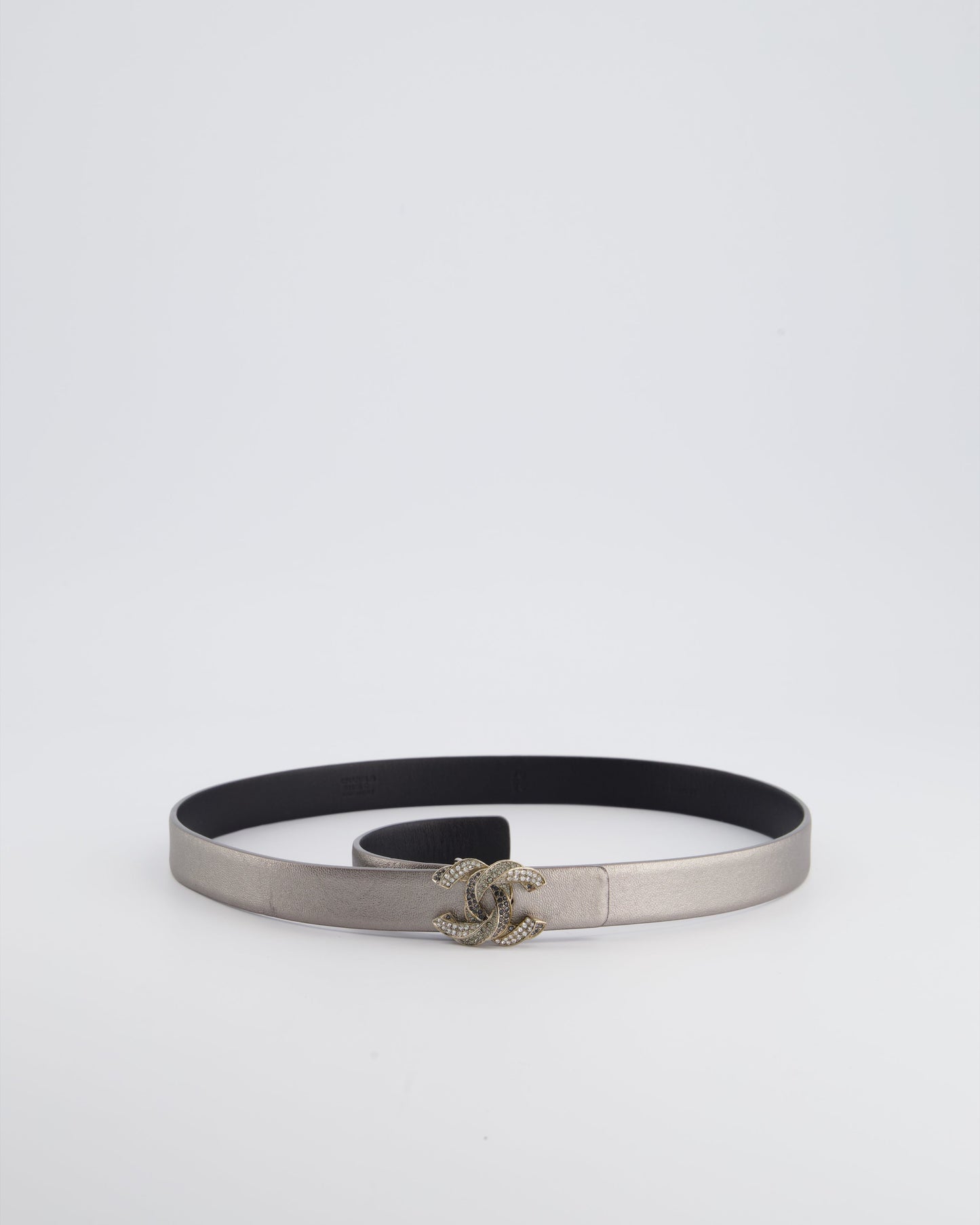 Chanel Metallic Silver Belt with Crystal CC Logo Detail Size