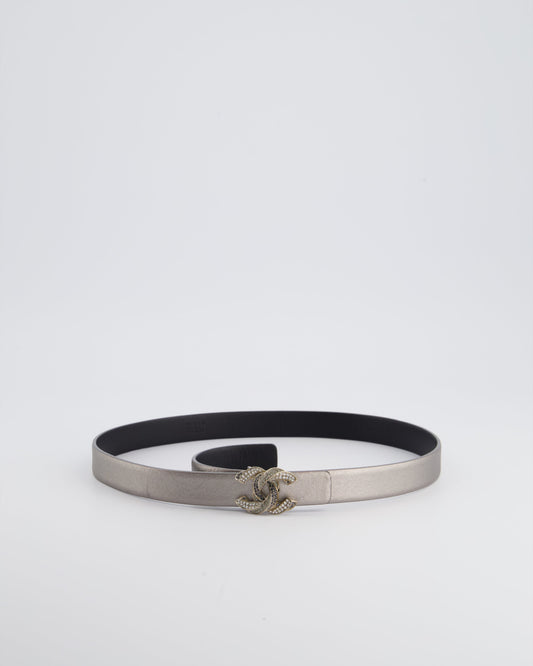 Chanel Metallic Silver Belt with Crystal CC Logo Detail Size