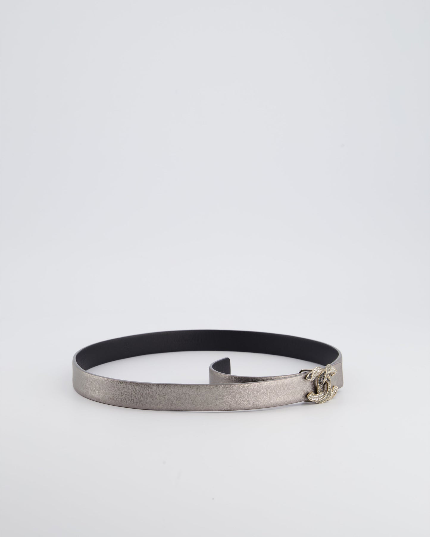 Chanel Metallic Silver Belt with Crystal CC Logo Detail Size