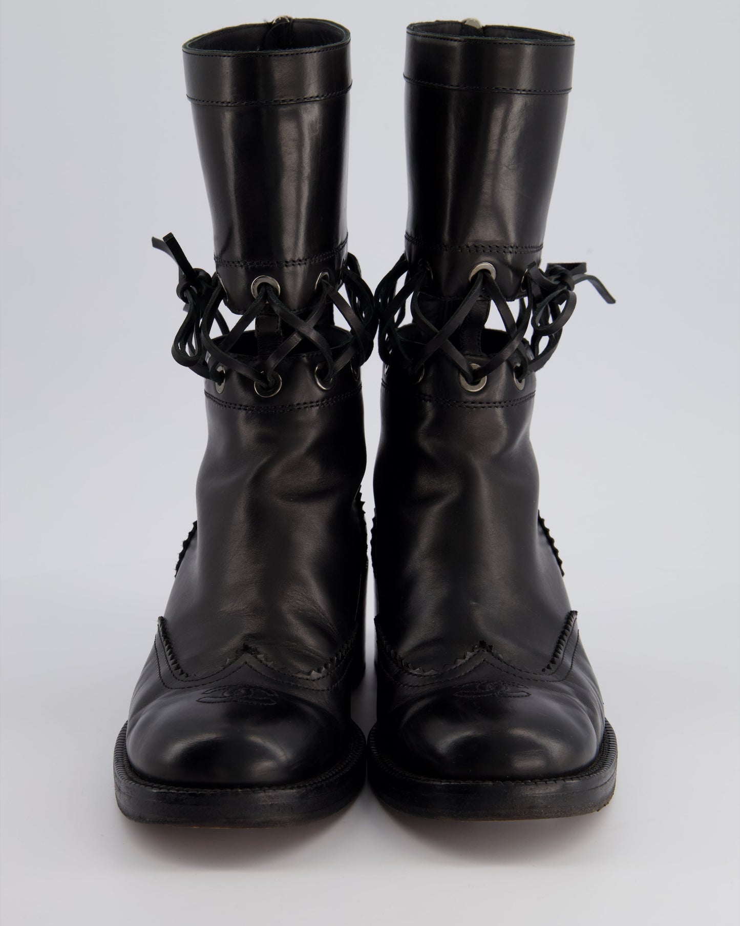 Chanel Black Lace Up Insert Detail CC Logo Boots Size EU 40.5