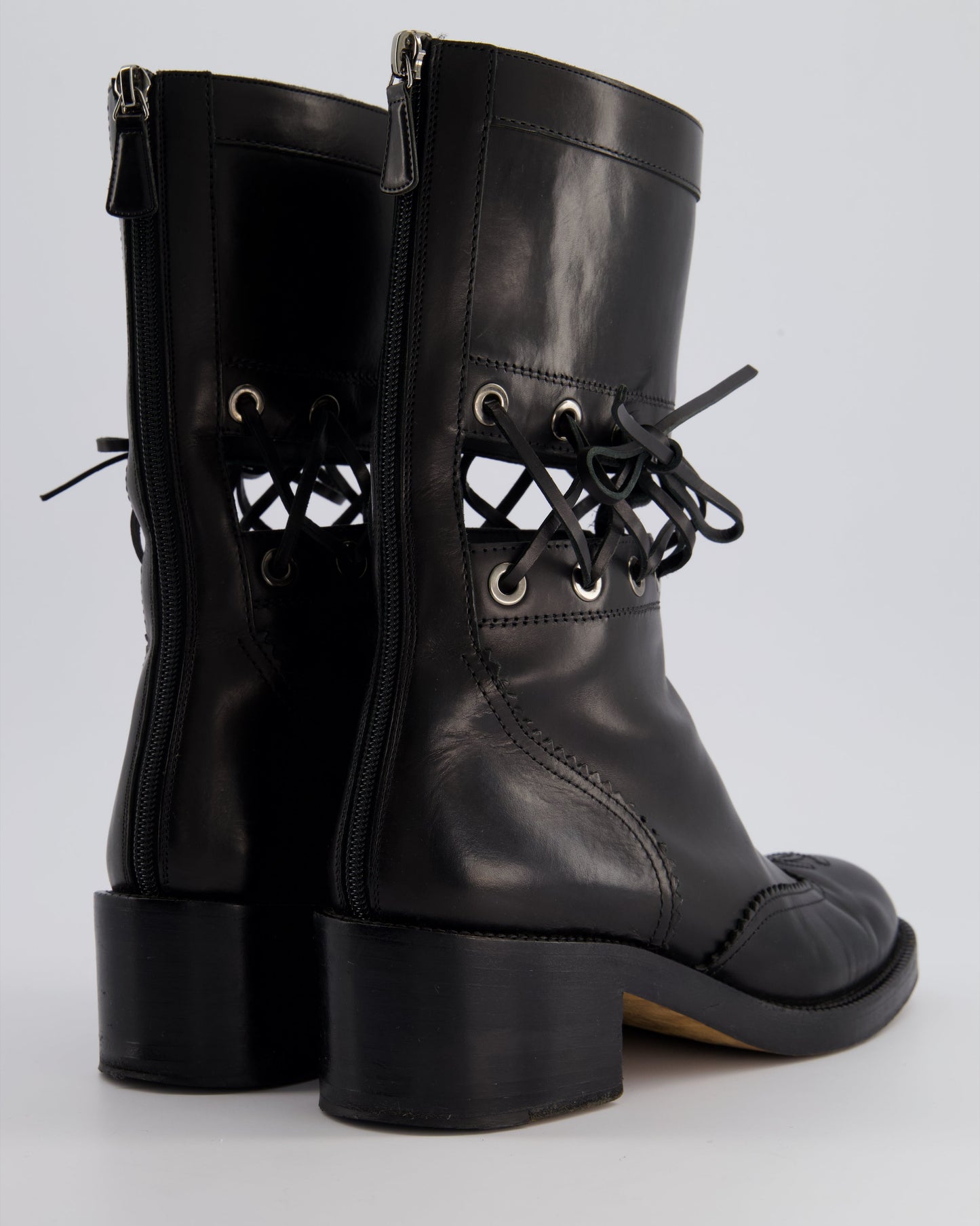 Chanel Black Lace Up Insert Detail CC Logo Boots Size EU 40.5