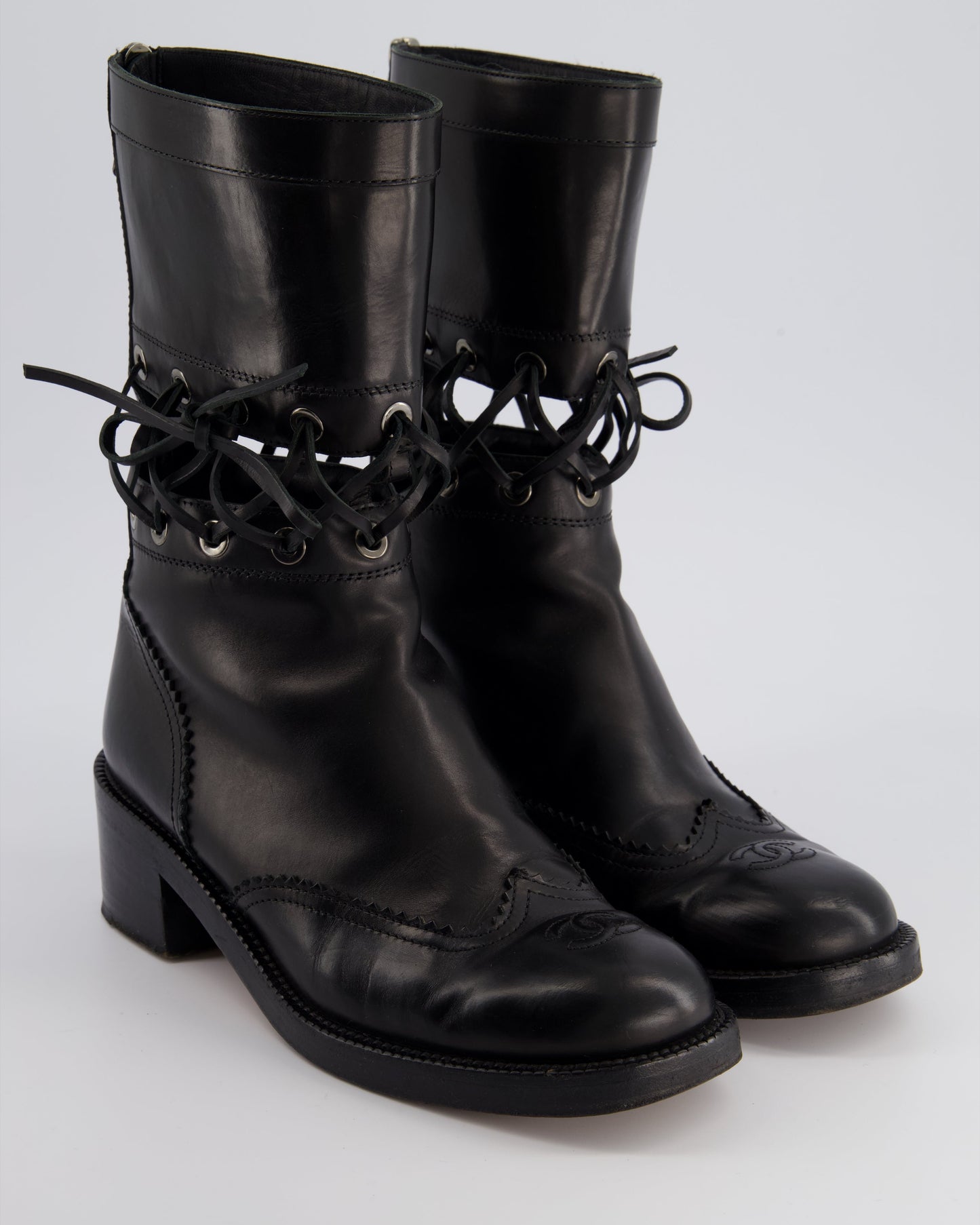 Chanel Black Lace Up Insert Detail CC Logo Boots Size EU 40.5