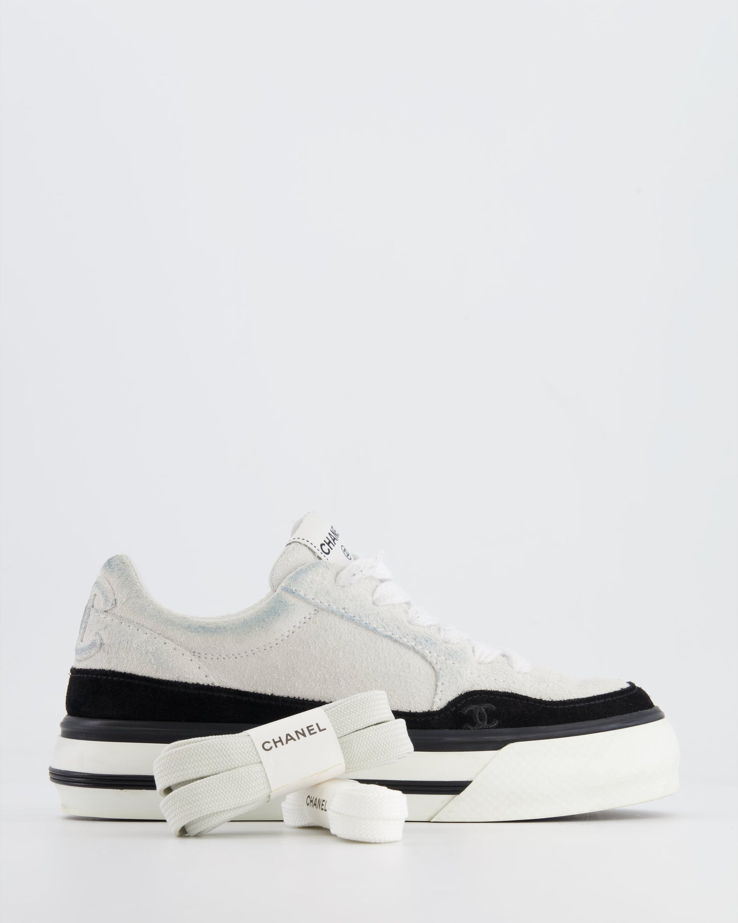 Chanel Coco White and Black Suede Trainers with CC Logo Size EU 37.5 Accessory